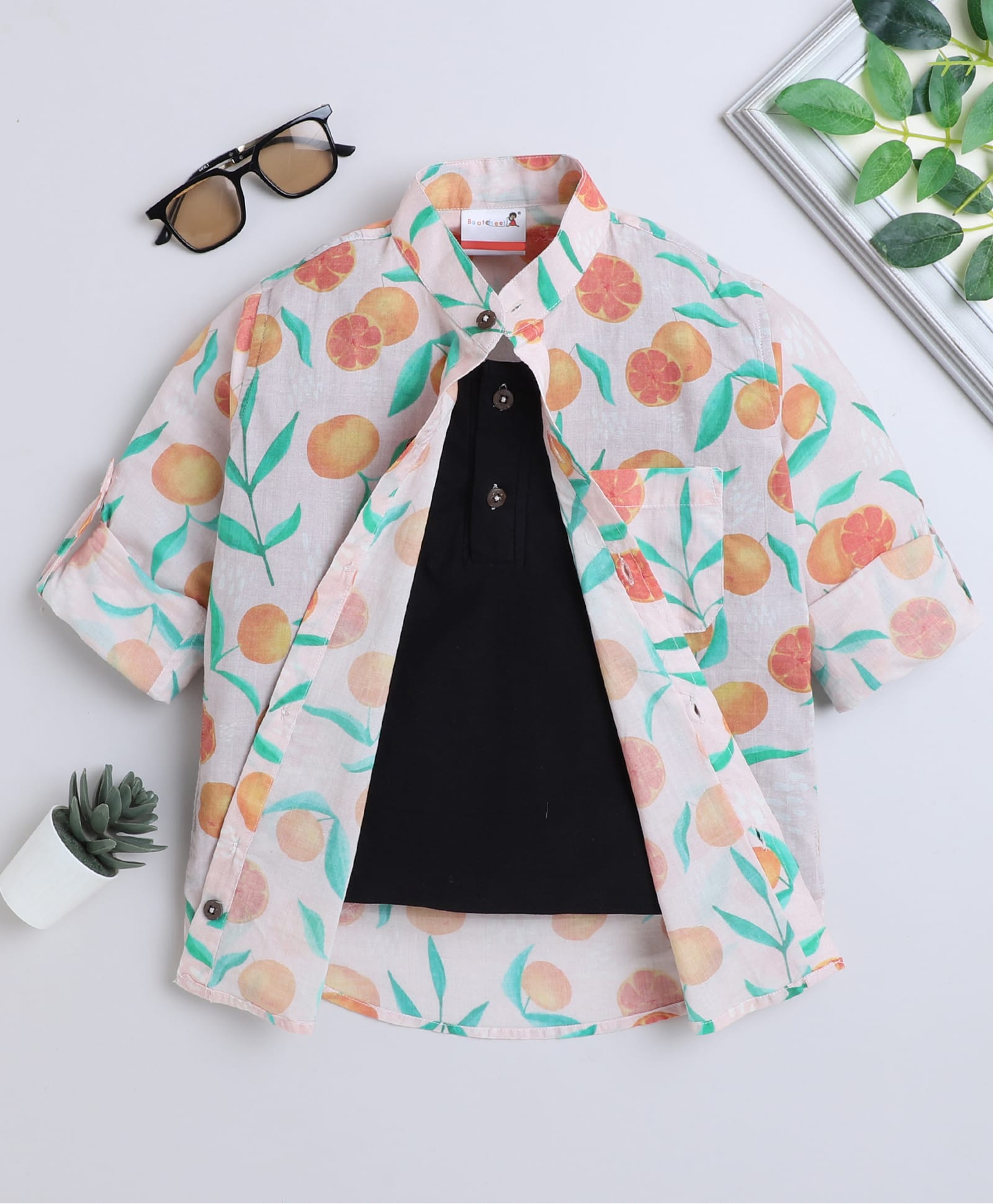 BAATCHEET Cotton Woven Full Sleeves Orange Printed Shirt With Attached Tee - Beige-picture-37