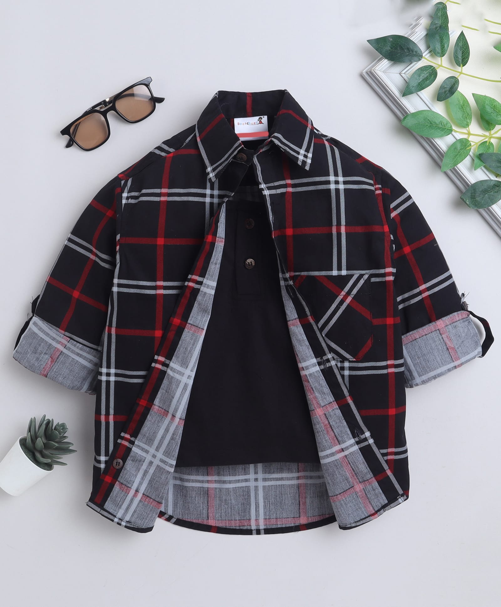 BAATCHEET Cotton Woven Full Sleeves Checked Shirt Attached Tee - Black-picture-28
