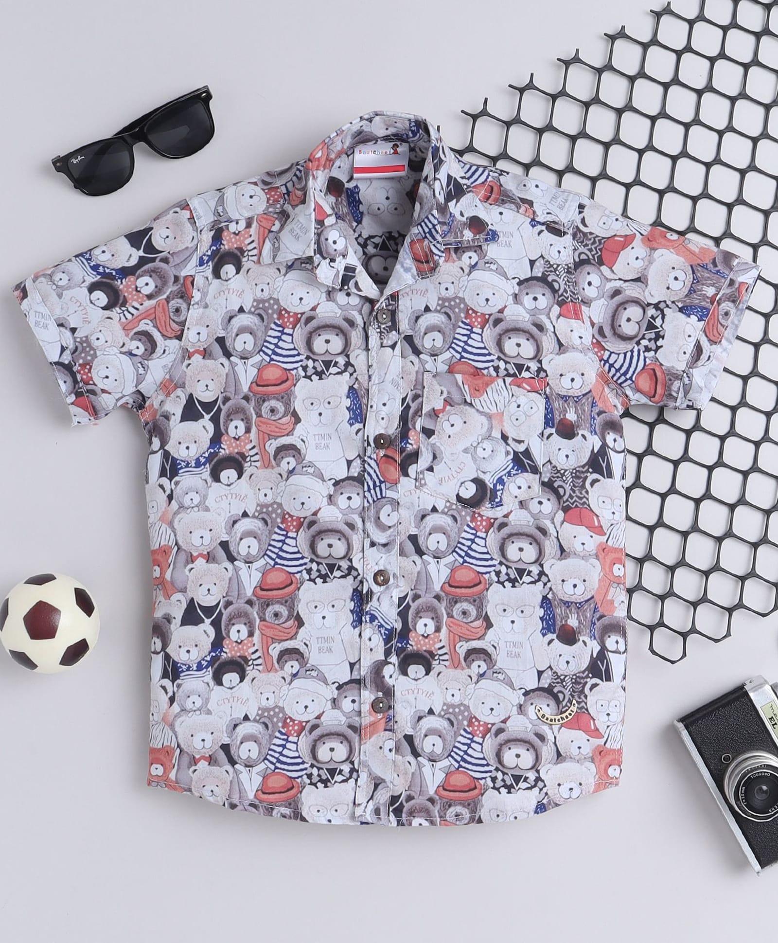 BAATCHEET Cotton Woven Half Sleeves Teddy Bears Printed Shirt - White-image-22