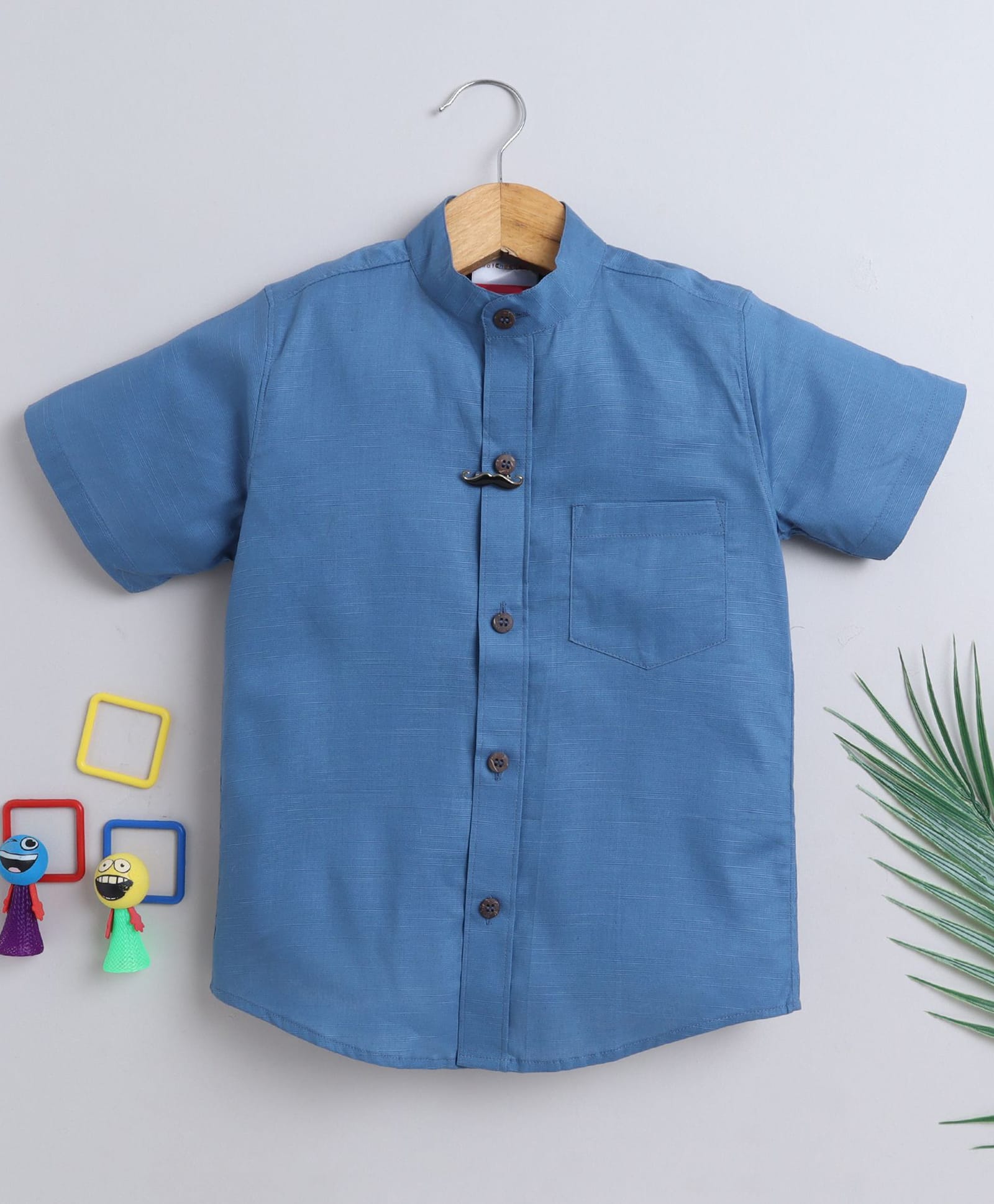 BAATCHEET Cotton Woven Half Sleeves Moustache Brooch Detailed Shirt - Blue-picture-29