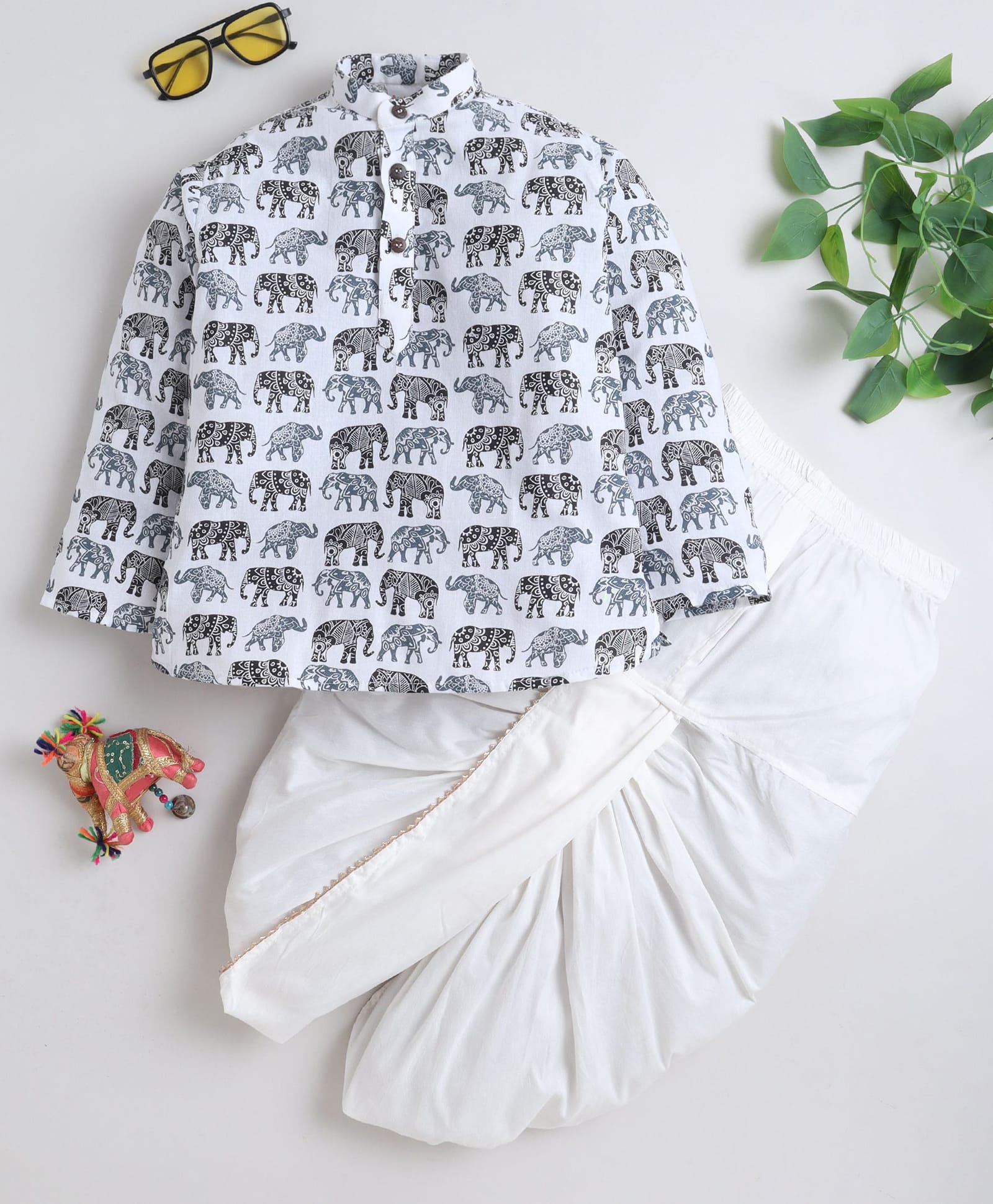 BAATCHEET Cotton Woven Full Sleeves Ethnic Designed Elephant Motifs Printed Dhoti Kurta Set - Grey-image-48