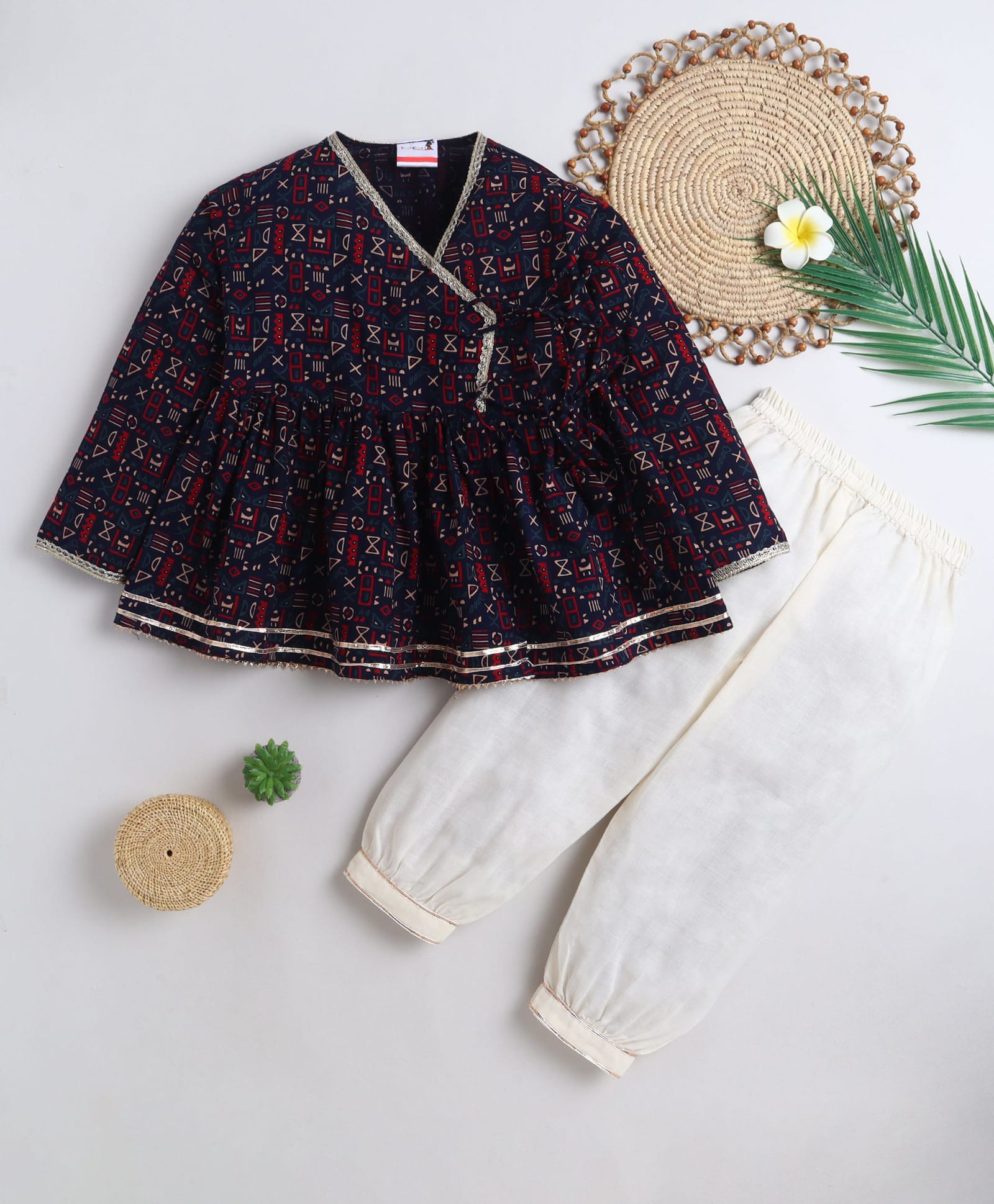 BAATCHEET Cotton Woven Three Fourth Sleeves Tribal Printed Angrakha Style Kurti Pajama Set - Navy Blue-image-19