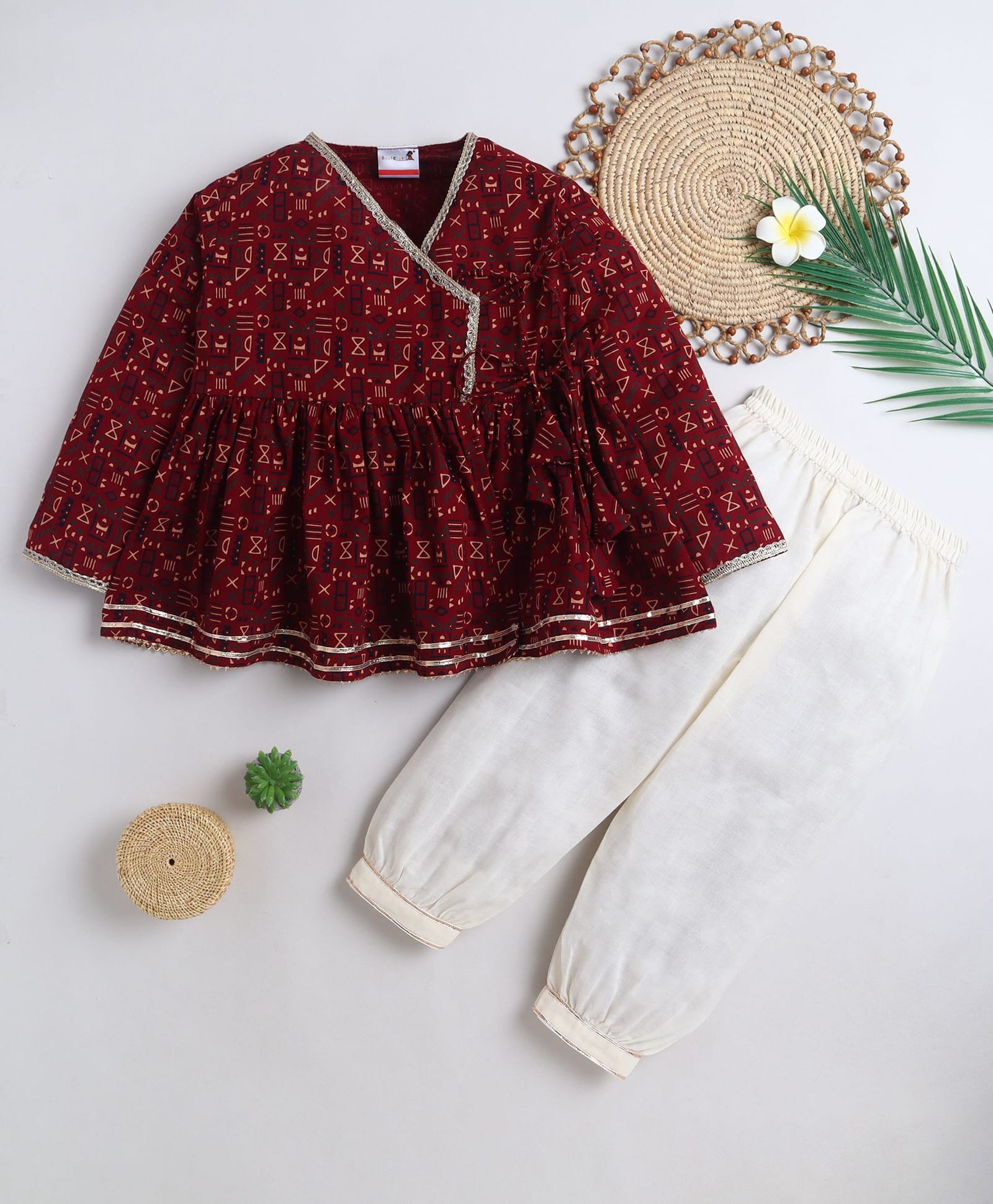 BAATCHEET Cotton Woven Three Fourth Sleeves Tribal Printed Angrakha Style Kurti Pajama Set - Maroon-picture-15