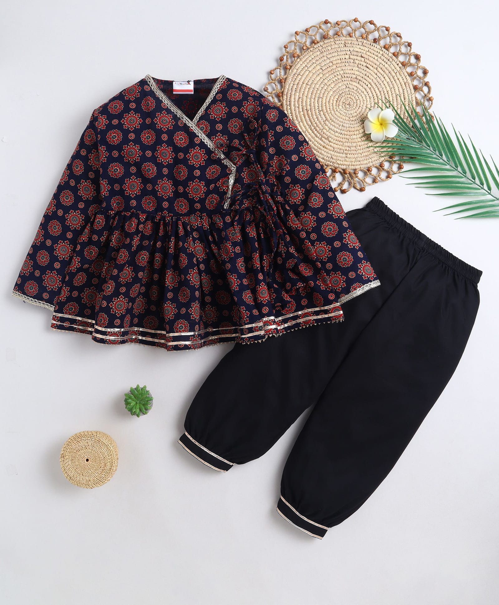 BAATCHEET Cotton Woven Three Fourth Sleeves Ethnic Design Floral Motifs Printed Angrakha Style Kurti Pajama Set - Navy Blue-picture-13