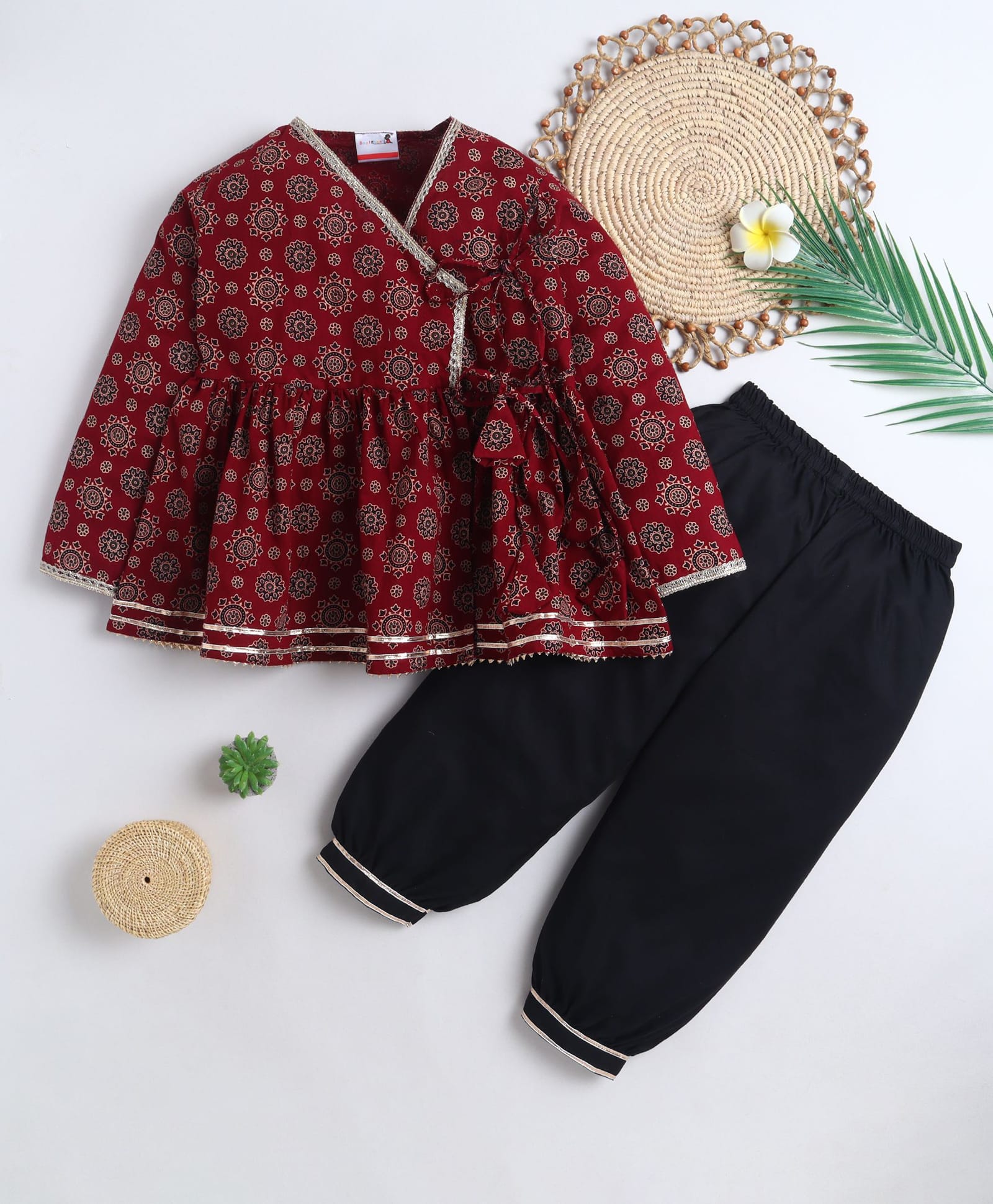 BAATCHEET Cotton Woven Three Fourth Sleeves Ethnic Design Floral Motifs Printed Angrakha Style Kurti Pajama Set - Maroon-picture-11