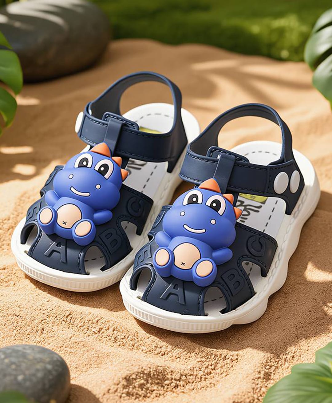 Yellow Bee Dinosaur Applique Design Button Closure Sandals - Navy Blue-picture-28