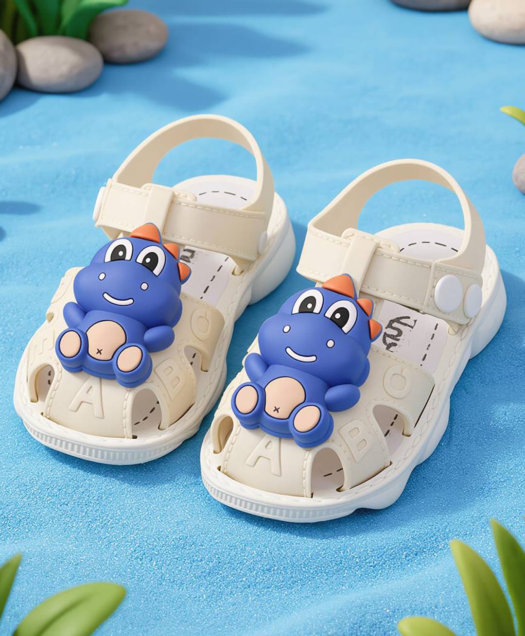 Yellow Bee Dinosaur Applique Design Button Closure Sandals - Beige-image-43