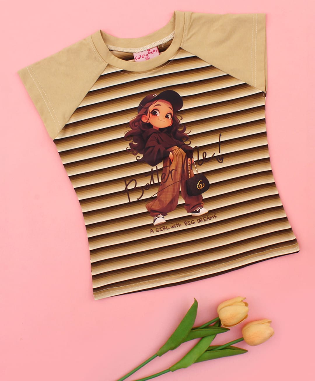 Cutecumber Cotton Knit Sleeveless Striped & Cool Girl Printed Top - Brown-image-5