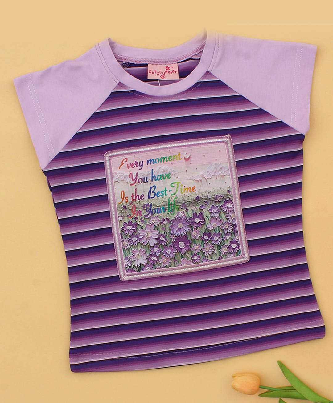 Cutecumber Cotton Knit Sleeveless Striped & Floral Applique Detailed Top - Purple-image-48