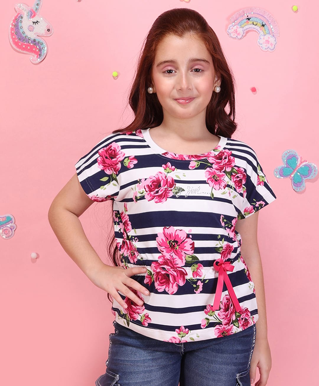Cutecumber Knitted Half Sleeves Bow Applique Detailed Striped & Floral Printed Top - Navy Blue-image-18