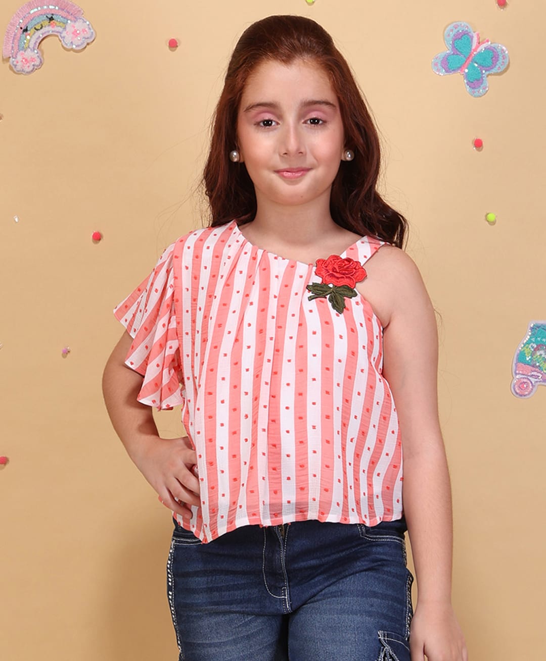 Cutecumber Woven Half Flutter Sleeves Striped Squares Embroidered & Floral Patch Detailed Top - Coral Pink-image-36