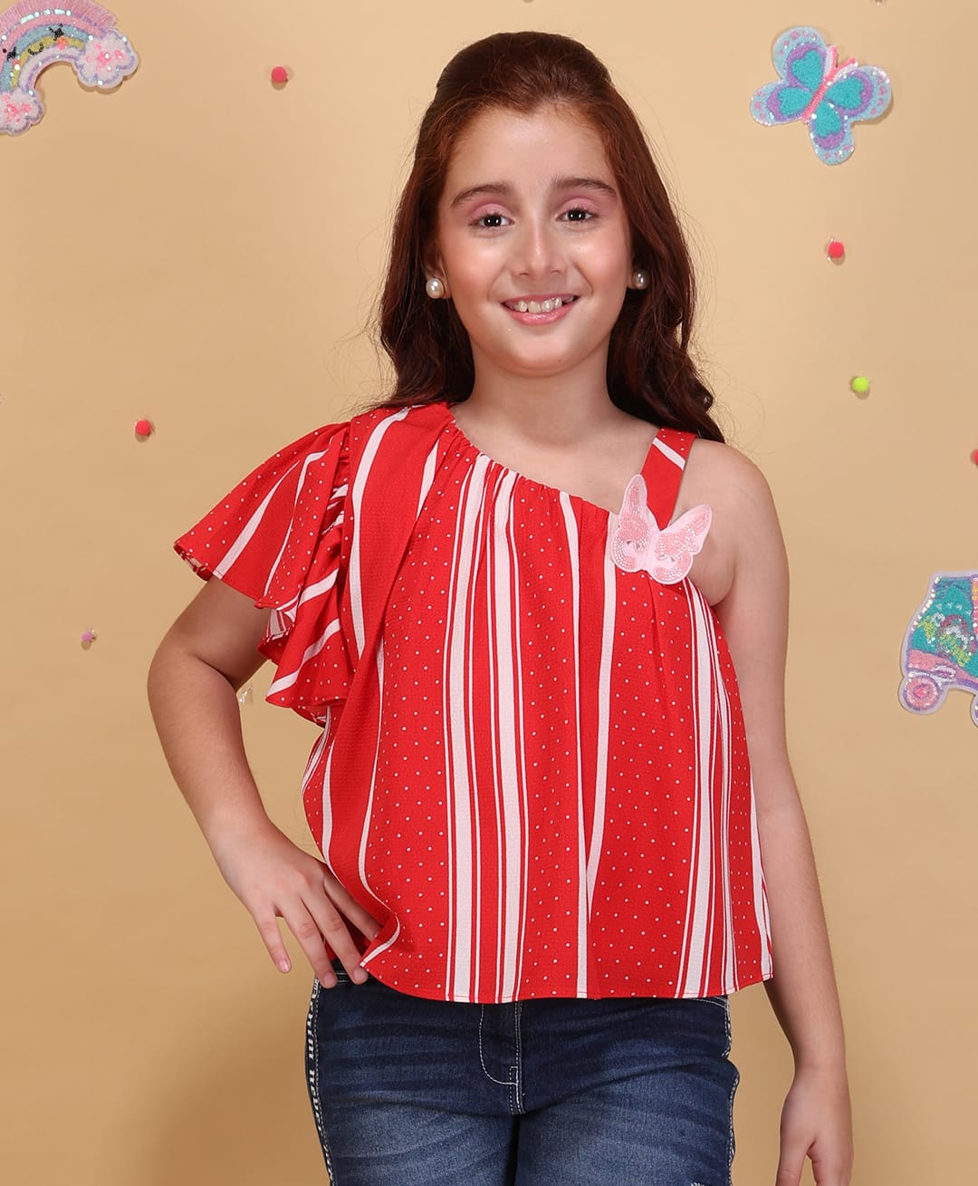 Cutecumber Woven Half Flutter Sleeves Beads Embellished Butterfly Applique Detailed Striped Top - Red-picture-21