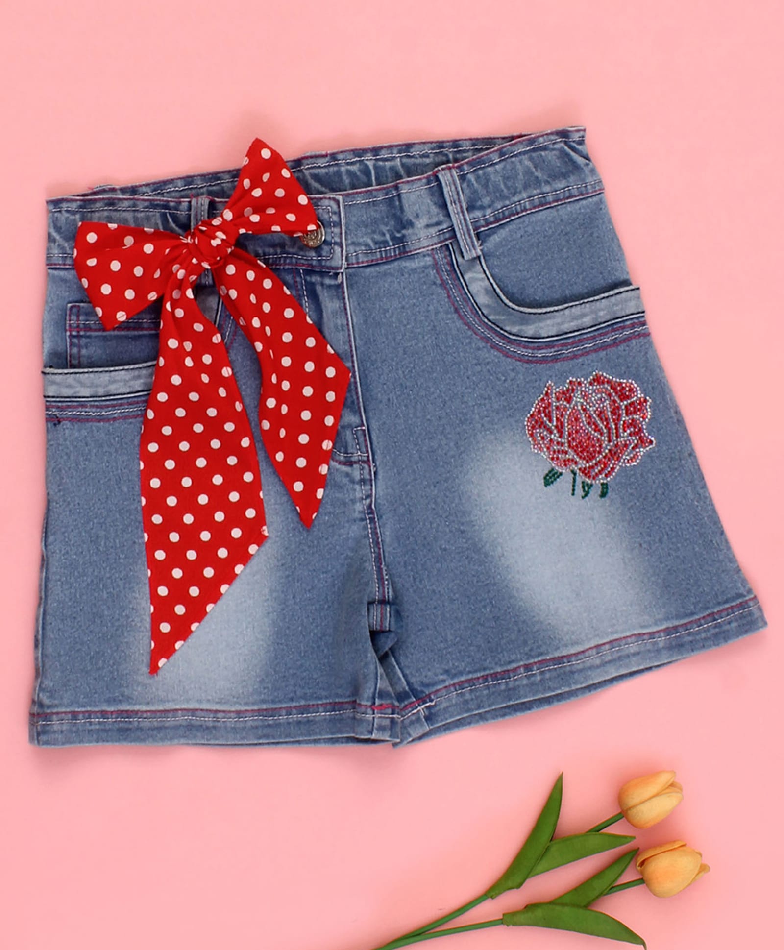 Cutecumber Denim Floral Designed Stone Embellished Bow Applique Detailed Washed Shorts - Blue-picture-12