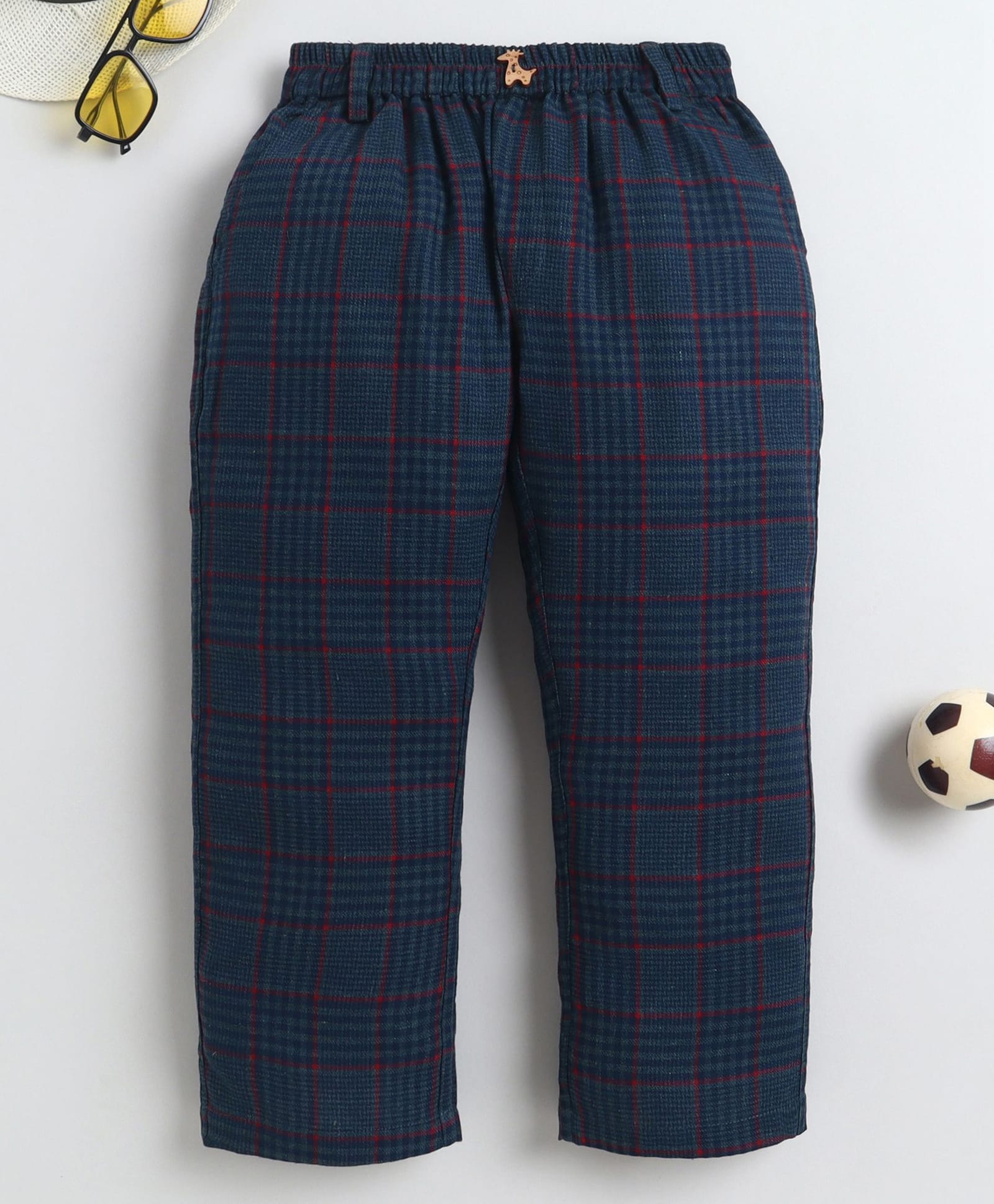 BAATCHEET Cottton Woven Giraffe Button Detailed & Checked Pants - Blue-picture-10