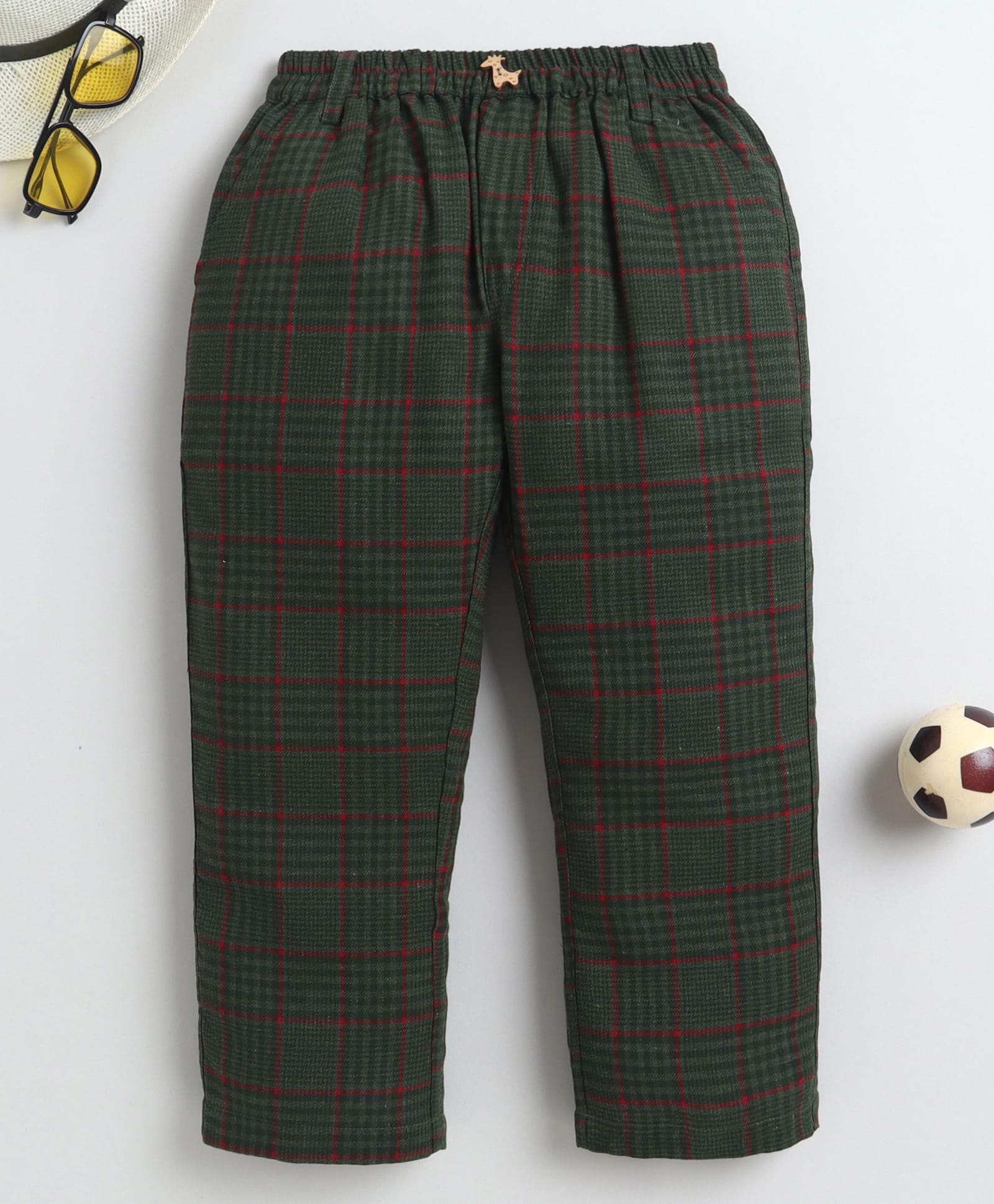 BAATCHEET Cottton Woven Full Length Checked Pant With Giraffe Button - Green-picture-18