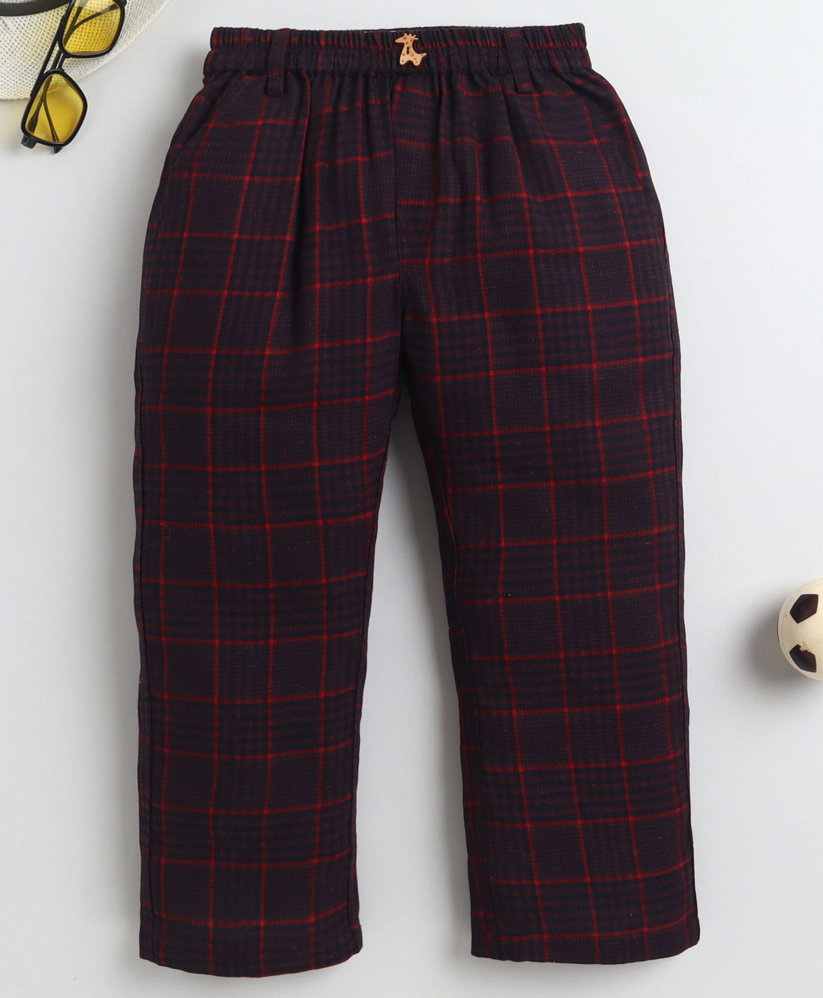 BAATCHEET Cottton Woven Giraffe Button Detailed & Checked Pants - Red-picture-19