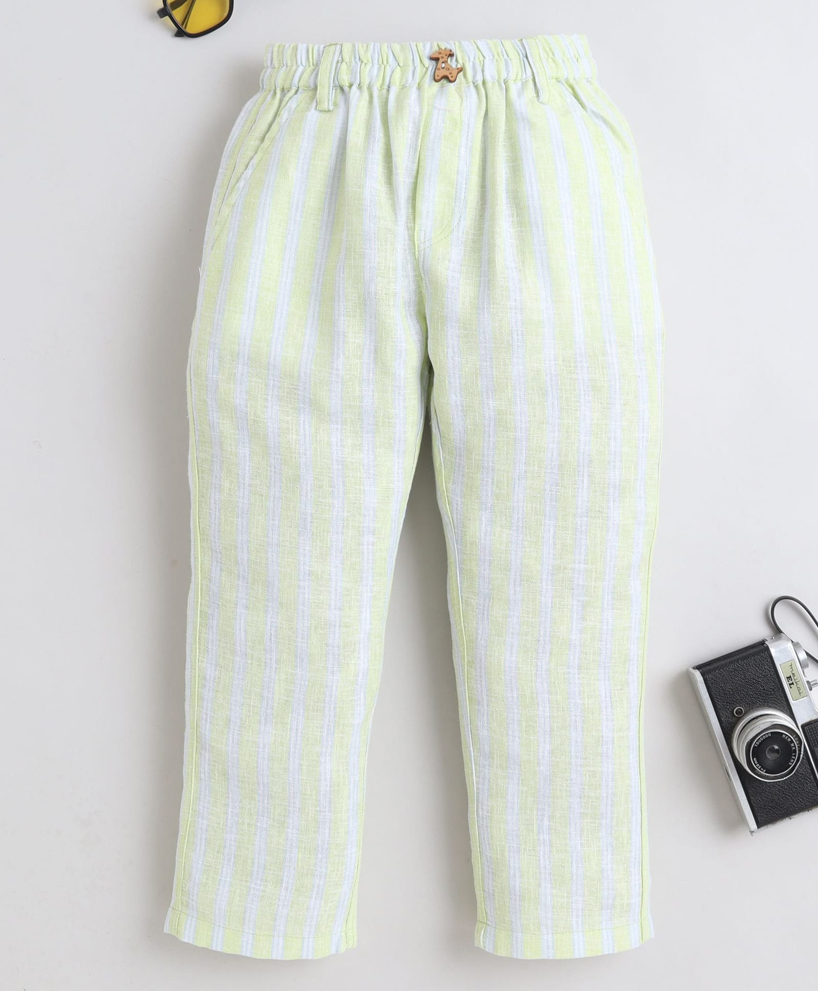 BAATCHEET Cotton Woven Full Length Striped Pant With Giraffe Button and Belt Loop- Green-picture-16
