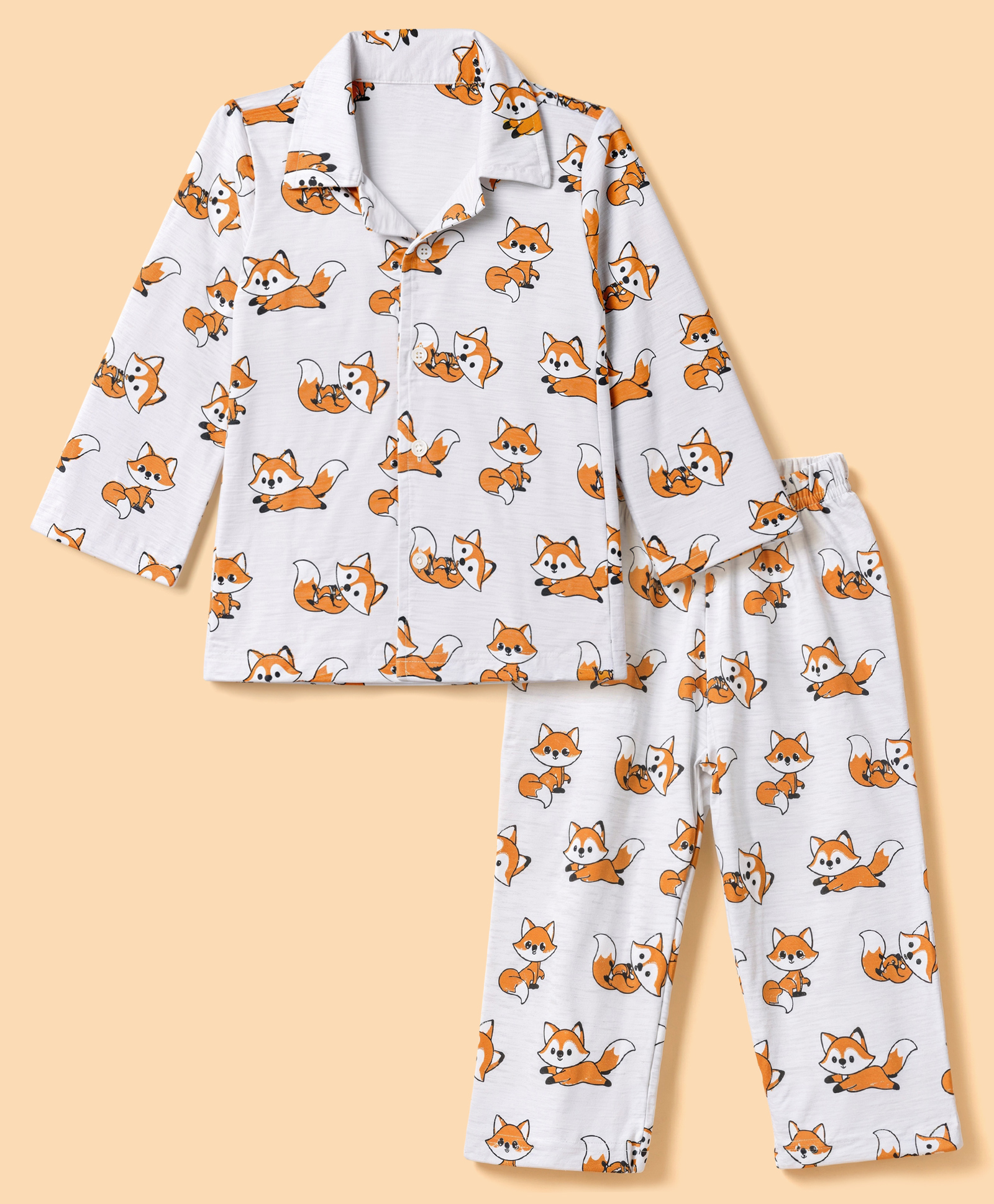 Babyhug Cotton Knit Full Sleeves Front Open Shirt & Pyjama Night Suit Co-Ords Set With Fox Print - Grey-image-26