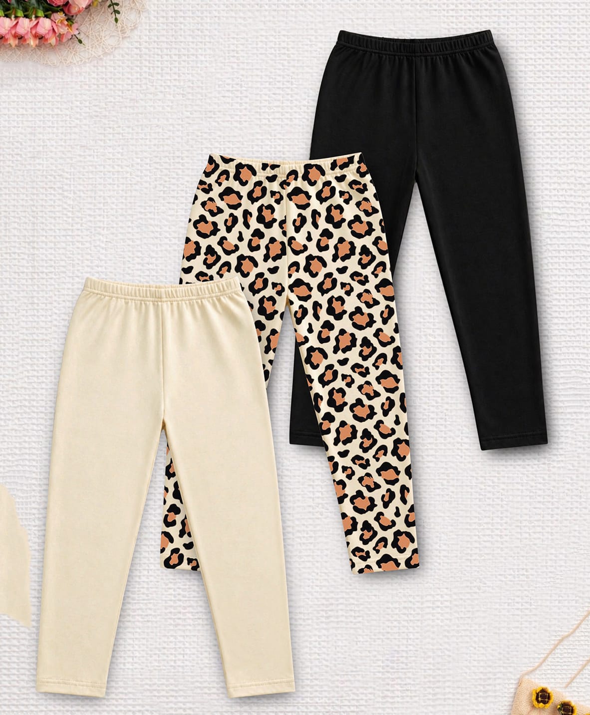 Trampoline Cotton Lycra Knit Pack Of 3 Leopard Printed & Solid Leggings - Black & Cream-picture-17