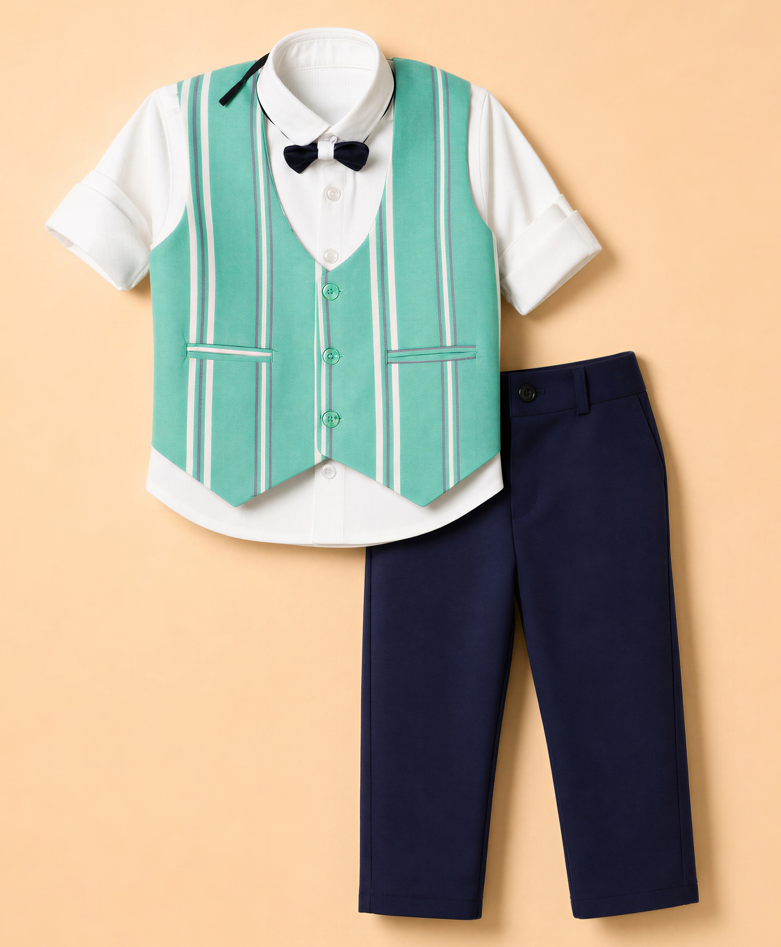 Radutu 3 Piece Cotton Woven Full Sleeves Shirt & Pant With Striped Waist Coat & Tie - Green & Navy Blue-picture-0
