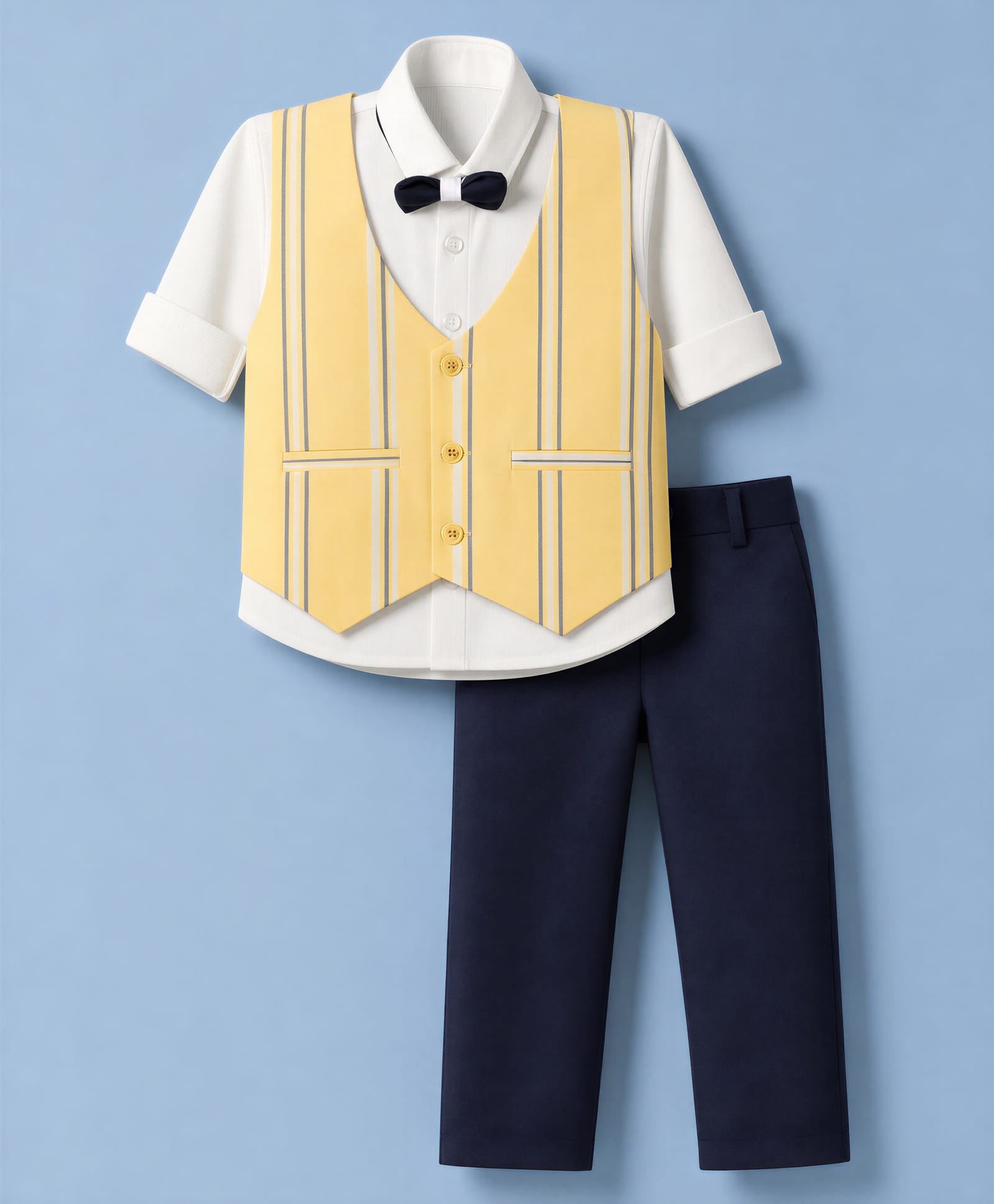 Radutu Cotton Woven 3 Piece Set Full Sleeve Shirt & Pant Set With Striped Waist Coat & Bow Tie - Yellow & Navy-picture-35