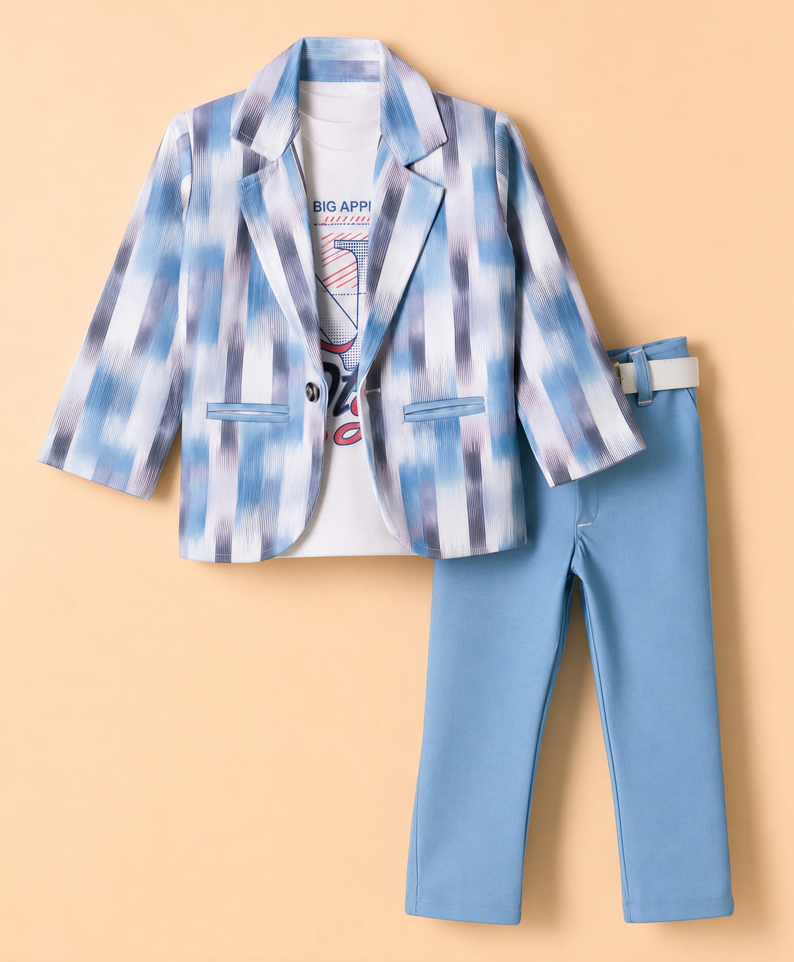 Radutu Cotton Woven Text Printed Blazer T-Shirt With Pant & Belt - Green & Beige-picture-1