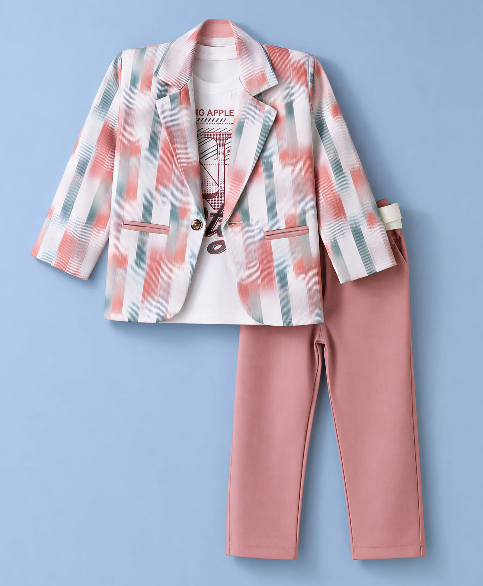 Radutu Cotton Woven Text Printed Blazer T-Shirt With Pant & Belt - Peach & Navy-picture-4