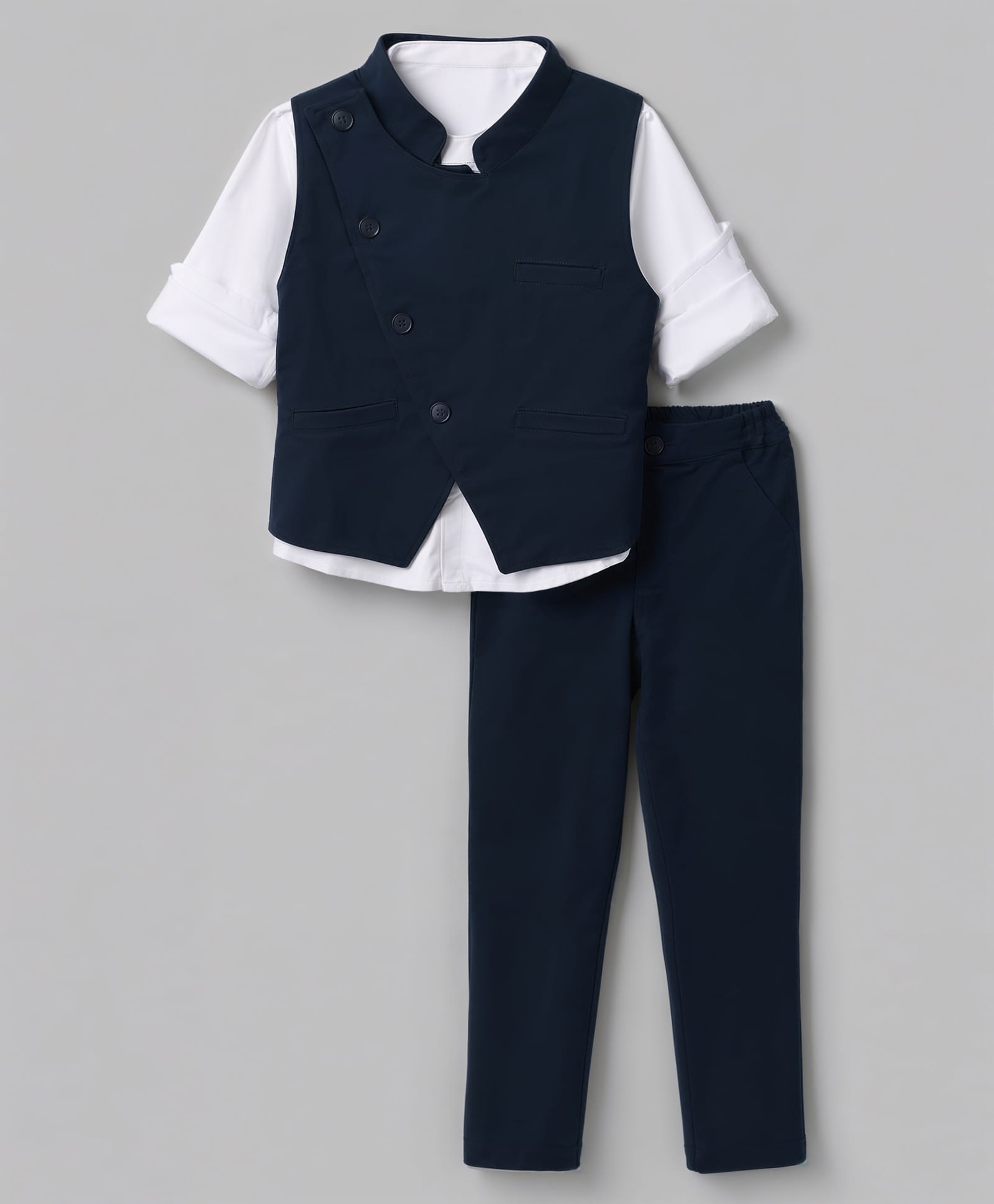 Babyhug Knit Full Sleeves 3 Piece Party Suit - Navy Blue-picture-15