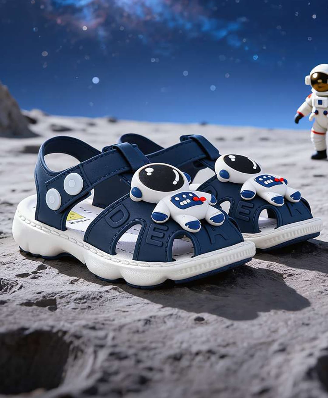 Yellow Bee Astronaut Applique Detailed Button Closure Sandals - Navy Blue-image-42
