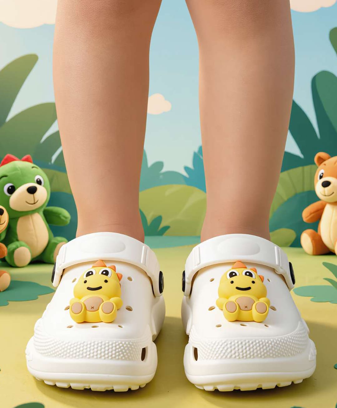 Yellow Bee Dinosaur Applique Detailed Slingback Clogs - White-picture-2