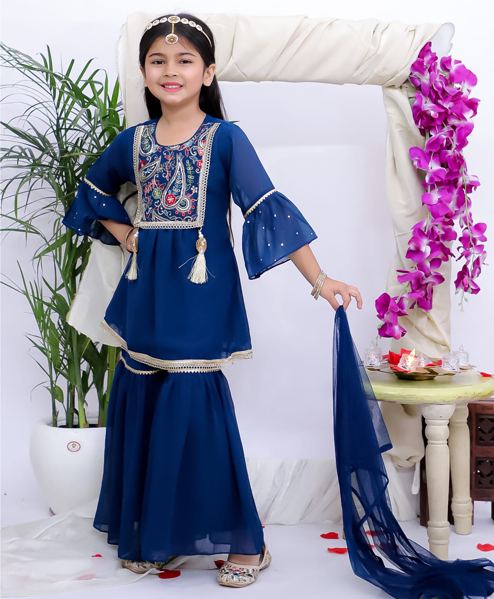 KID1 Georgette Woven Three Fourth Bell Sleeves Sequins & Gota Lace Embellished Floral & Paisley Embroidered Kurti Sharara Set With Dupatta - Blue-picture-11