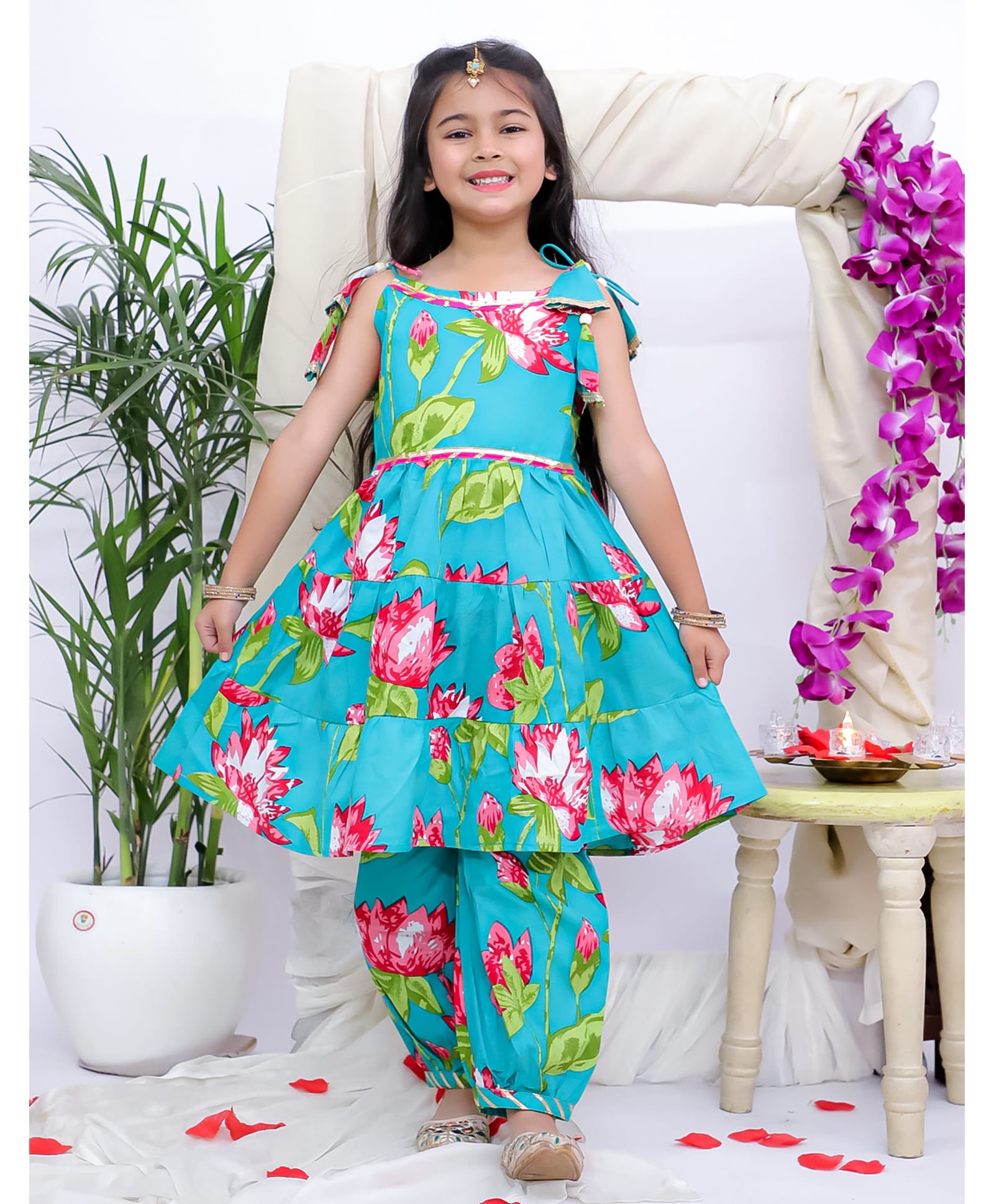 KID1 Woven Cotton Woven Sleeveless Floral Printed Peplum Top & Afgani Salwar Set - Turquoise-image-41