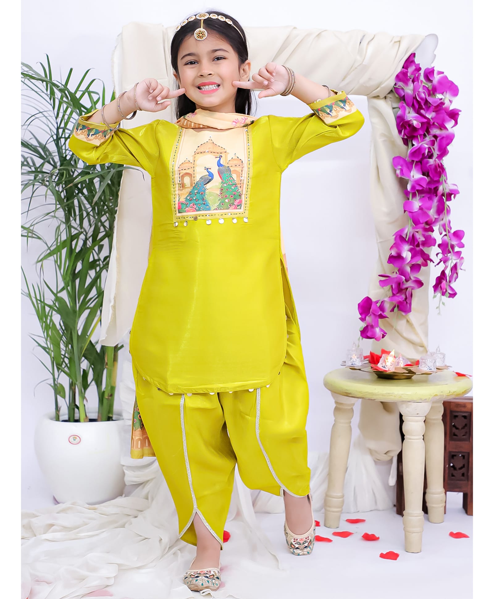 KID1 Silk Woven Three Fourth Sleeves Sequins & Beads Embellished Peacock Printed Patch Detailed Dhoti Kurti Set with Dupatta - Yellow-picture-49
