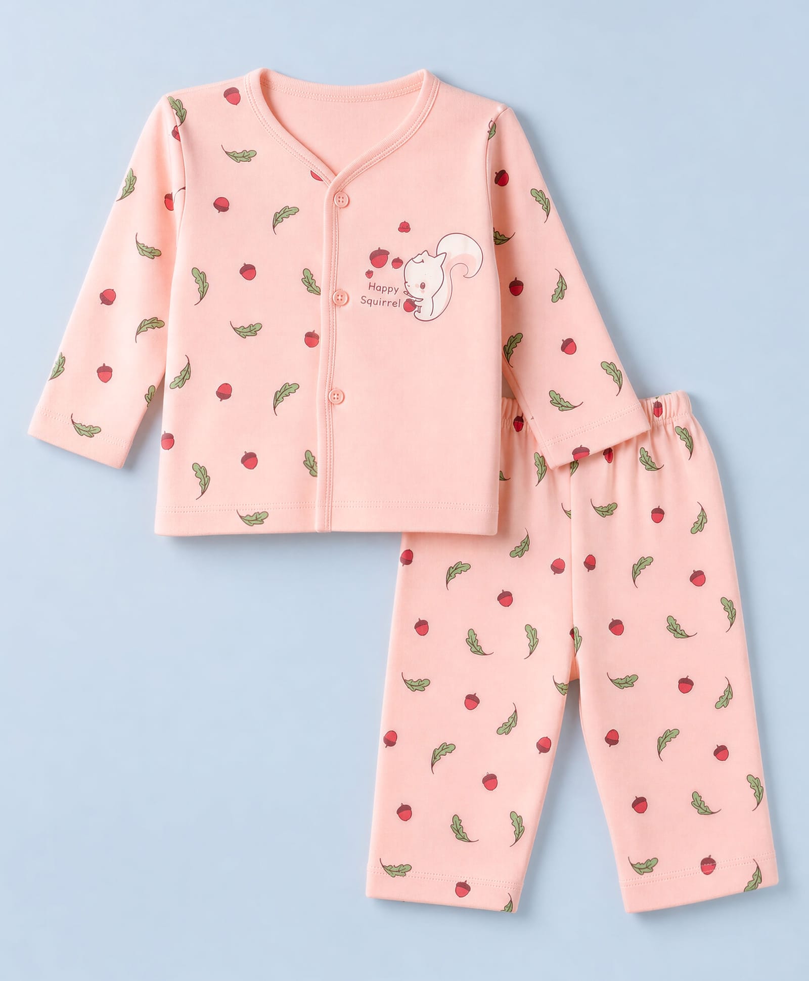 Tango Interlock Knit Full Sleeves T-Shirt & Pyjama Night Suit with Squirrel Leaf & Berry Print - Peach-picture-1