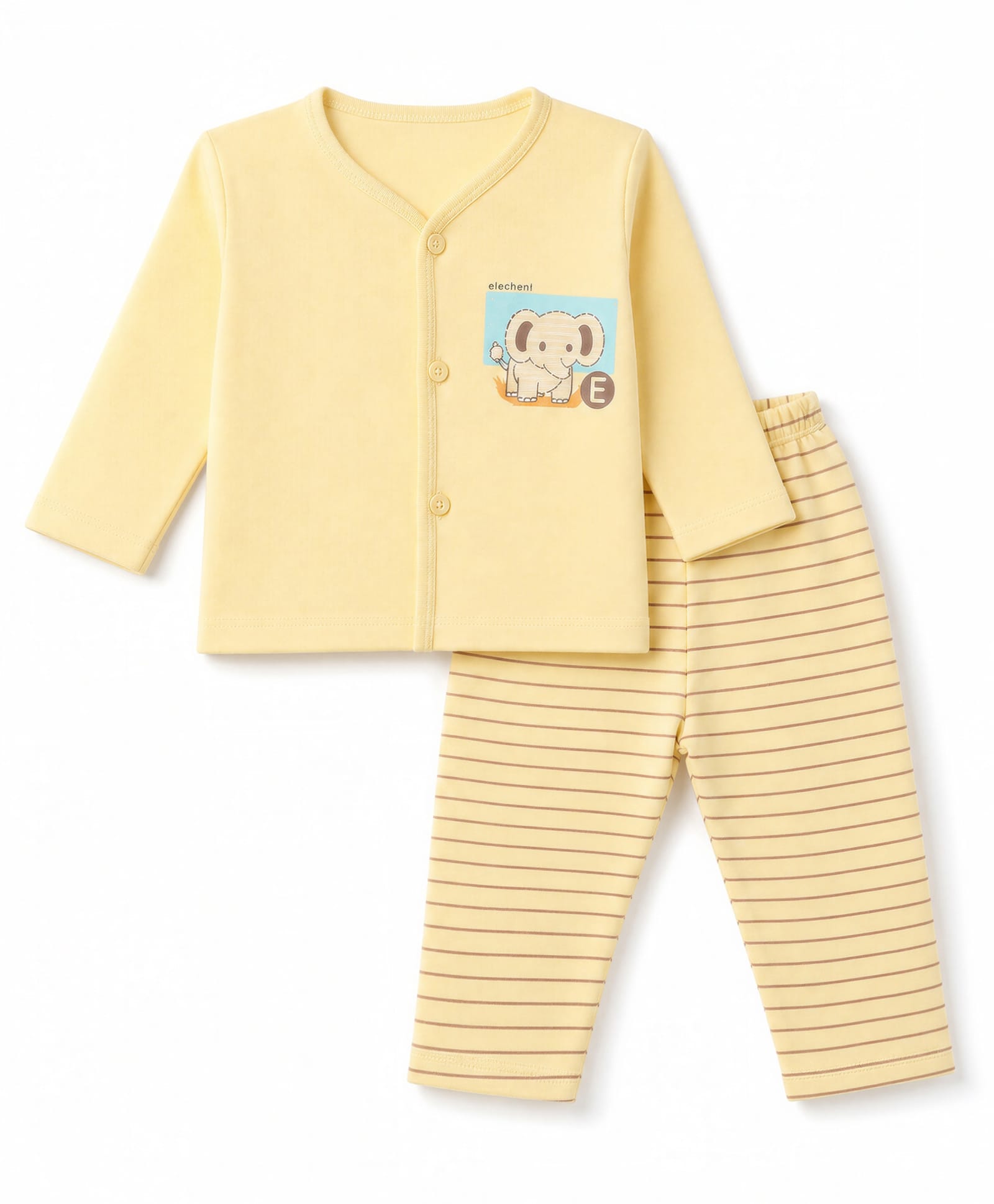 Tango Interlock Knit Full Sleeves T-Shirt & Striped Pyjama Night Suit with Elephant Print - Yellow-picture-12