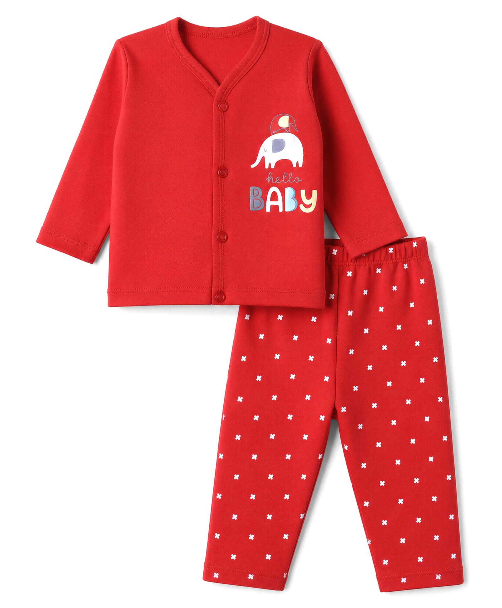Tango Interlock Knit Full Sleeves T-Shirt & Pyjama Night Suit with Elephant Print - Red-image-24