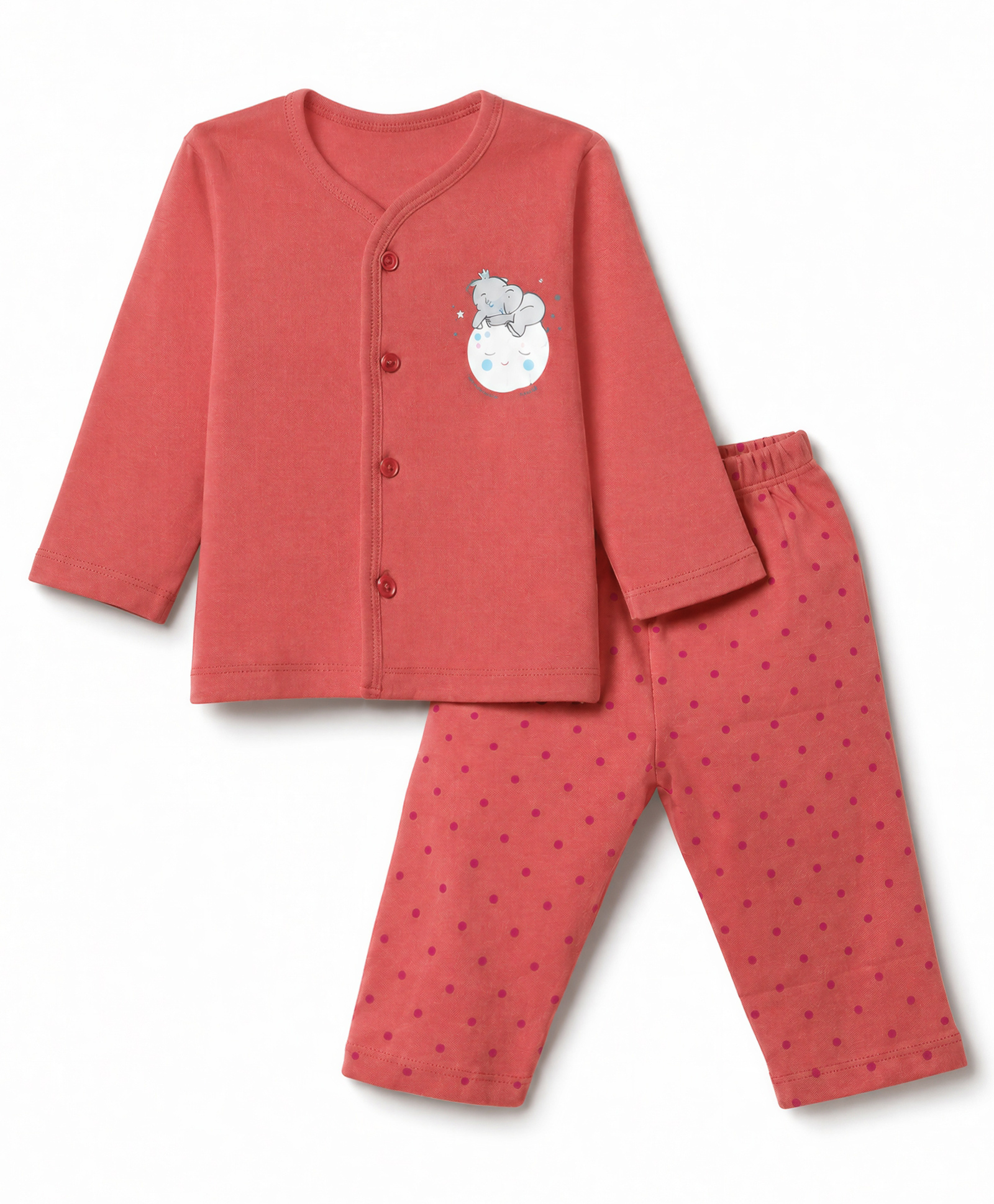 Tango Interlock Knit Full Sleeves T-Shirt & Pyjama Night Suit with Moon & Elephant Print - Red-picture-0