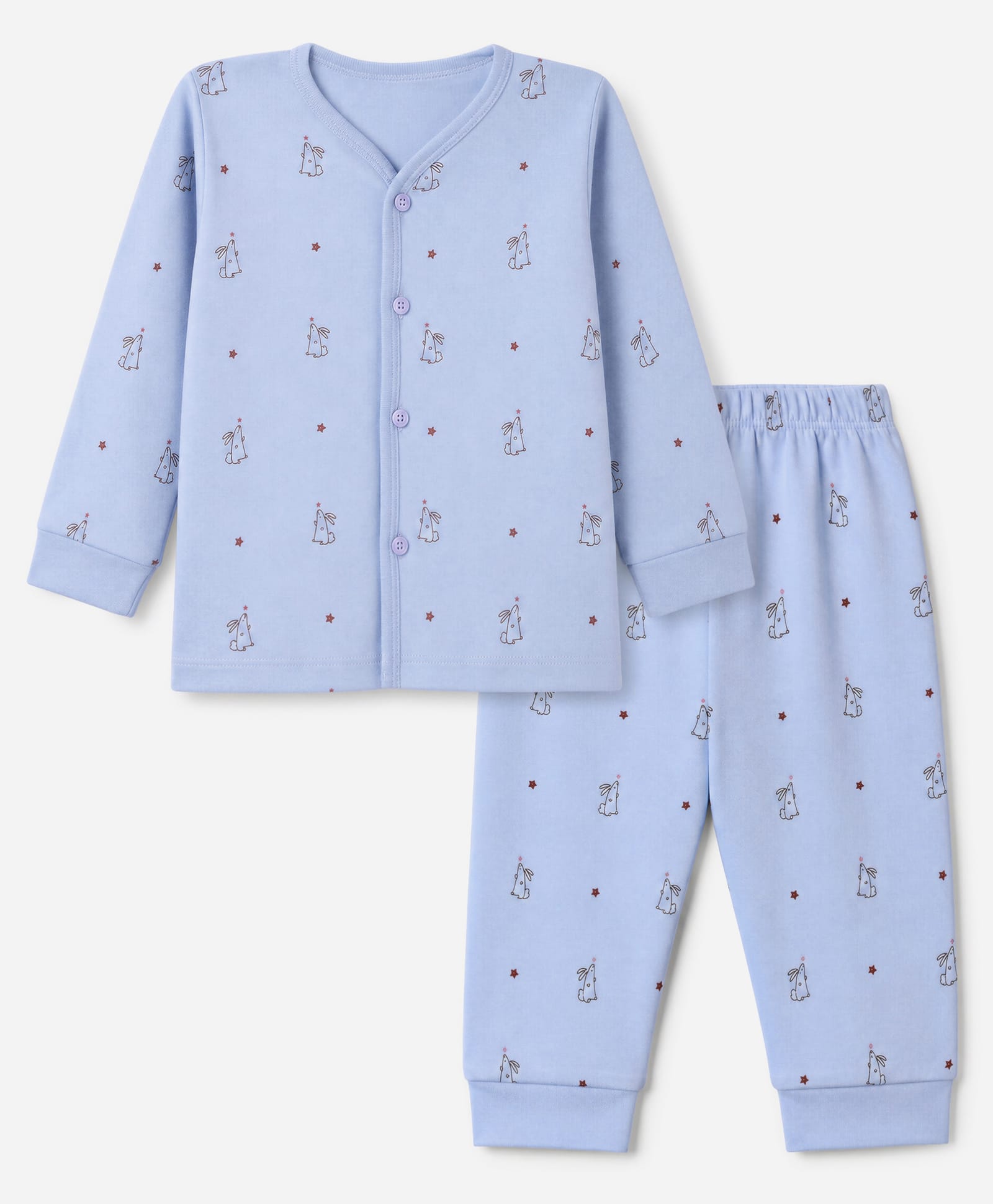 Tango Interlock Knit Full Sleeves Co-Ords T-Shirt & Pyjama Night Suit with Bunny & Star Print - Sky Blue-image-42