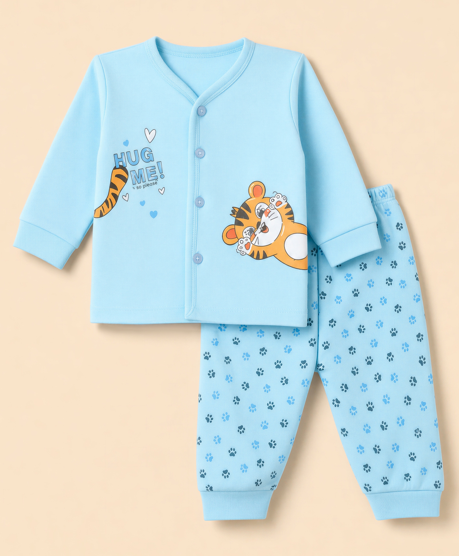 Tango Interlock Knit Full Sleeves T-Shirt & Pyjama Night Suit with Cub & Paw Print - Sky Blue-image-48