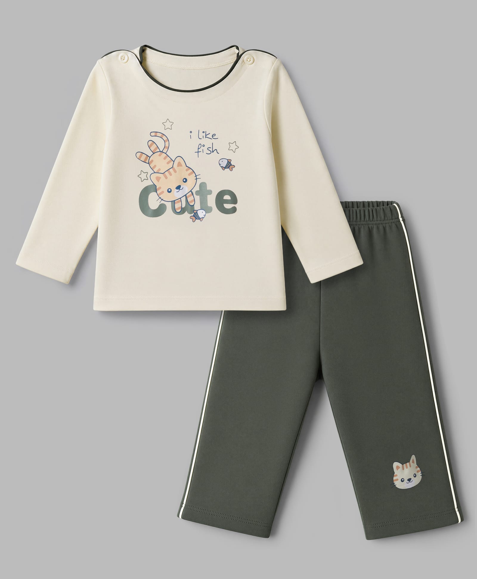 Tango Interlock Knit Full Sleeves T-Shirt & Pant Set With Cat & Cute Print - Cream-image-5