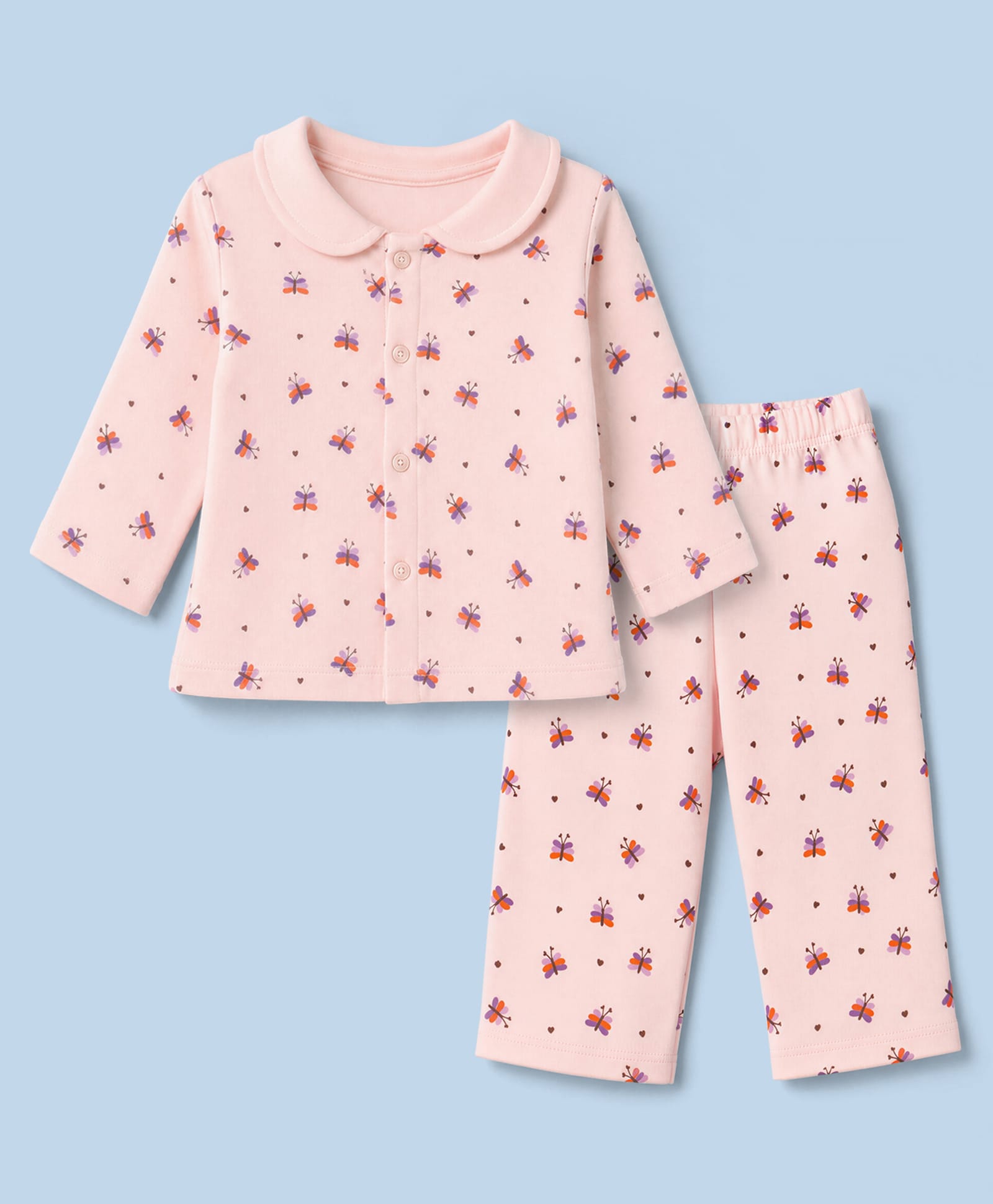 Tango Fleece Knit Full Sleeves Co-Ords Shirt & Pyjama Winter Wear Night Suit with Butterfly & Heart Print - Peach-picture-40