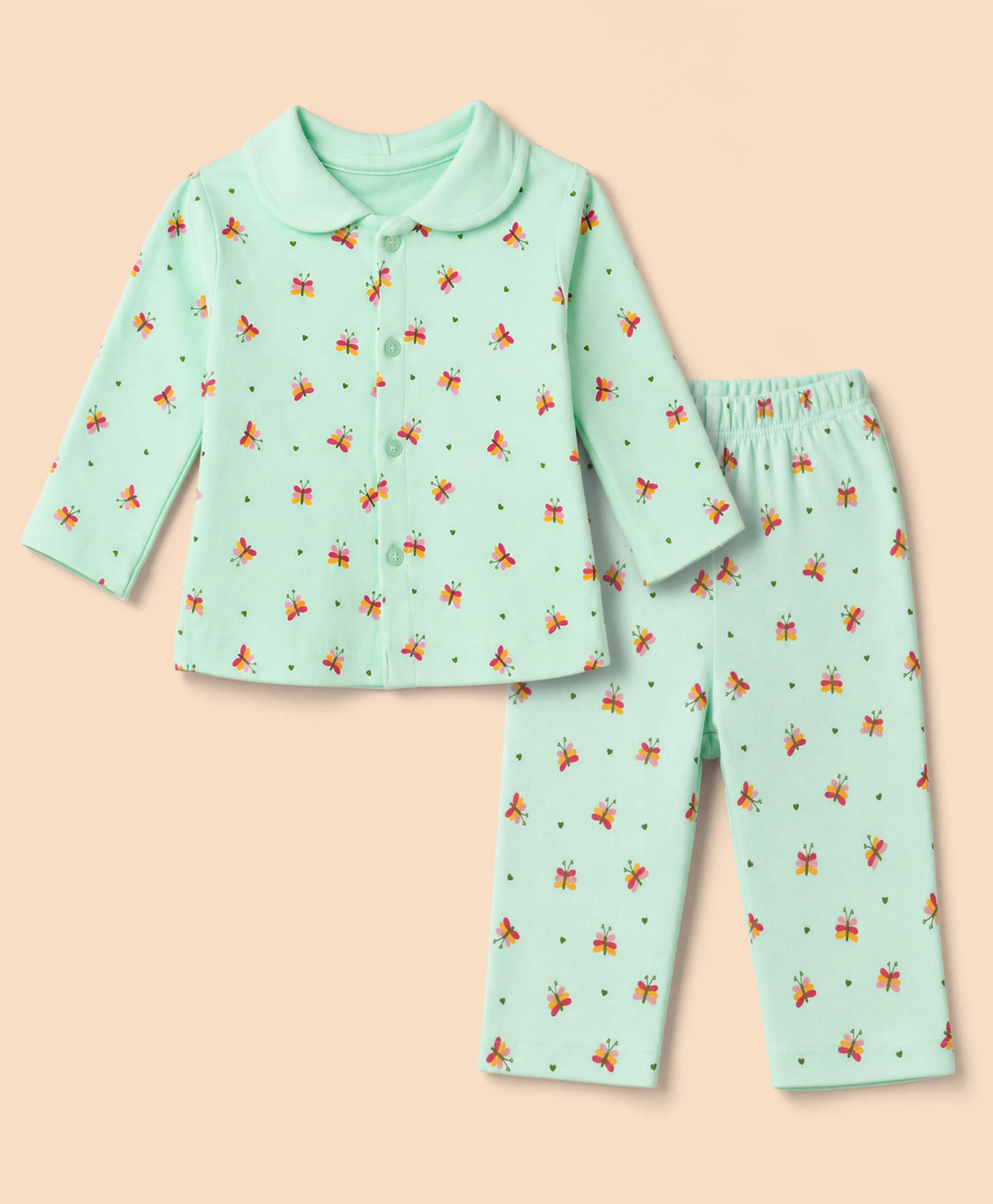 Tango Fleece Knit Full Sleeves Co-Ords Shirt & Pyjama Winter Wear Night Suit with Butterfly & Heart Print - Sea Green-picture-23