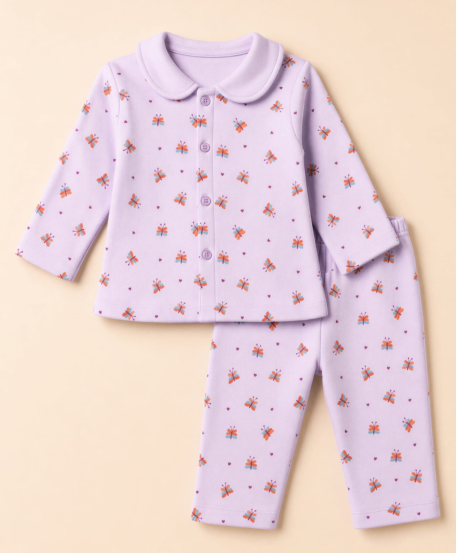 Tango Fleece Knit Full Sleeves Co-Ords Shirt & Pyjama Winter Wear Night Suit with Butterfly & Heart Print - Purple-picture-33