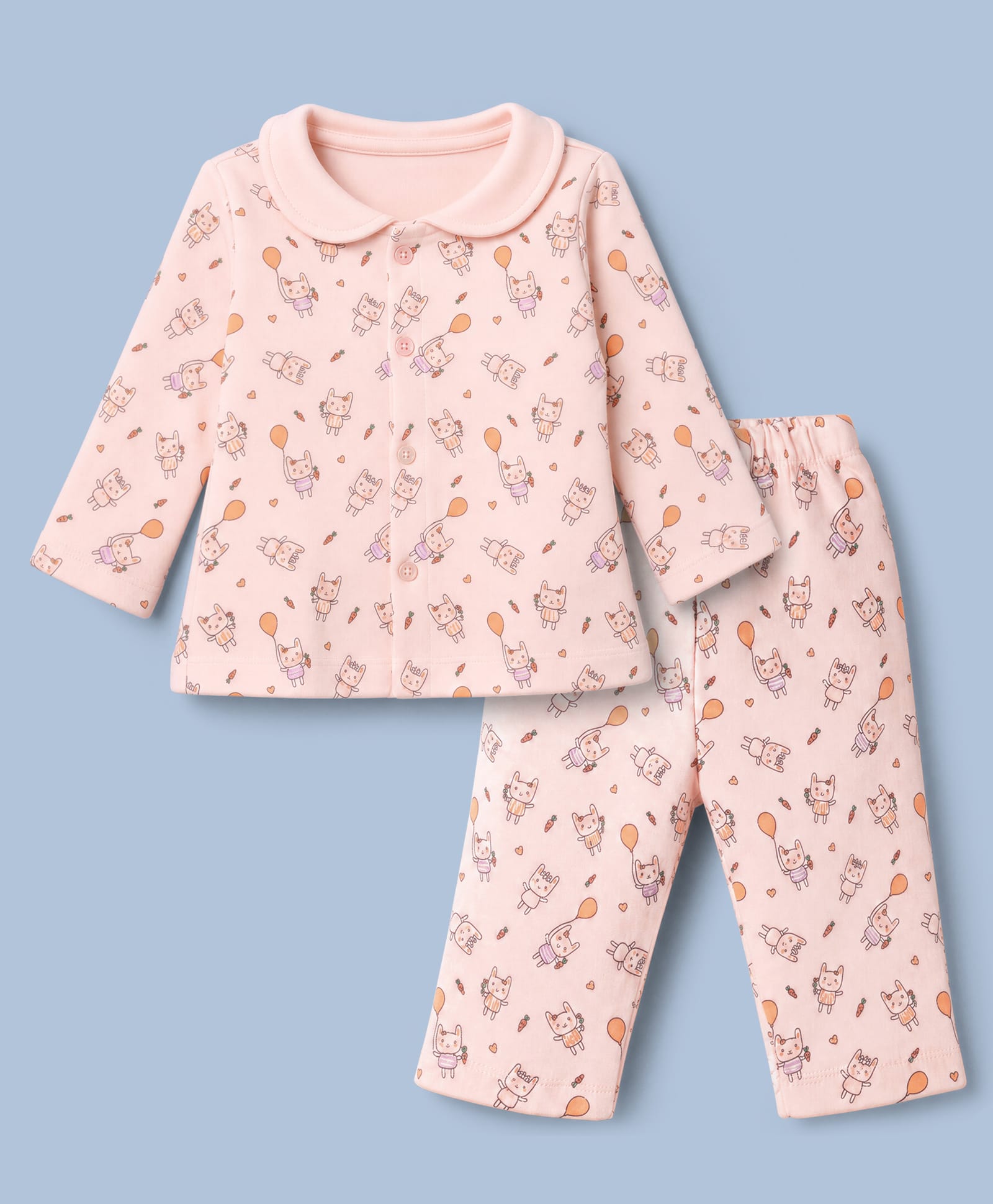 Tango Fleece Knit Full Sleeves Co-Ords Shirt & Pyjama Winter Wear Night Suit with Kitty & Heart Print - Peach-picture-35