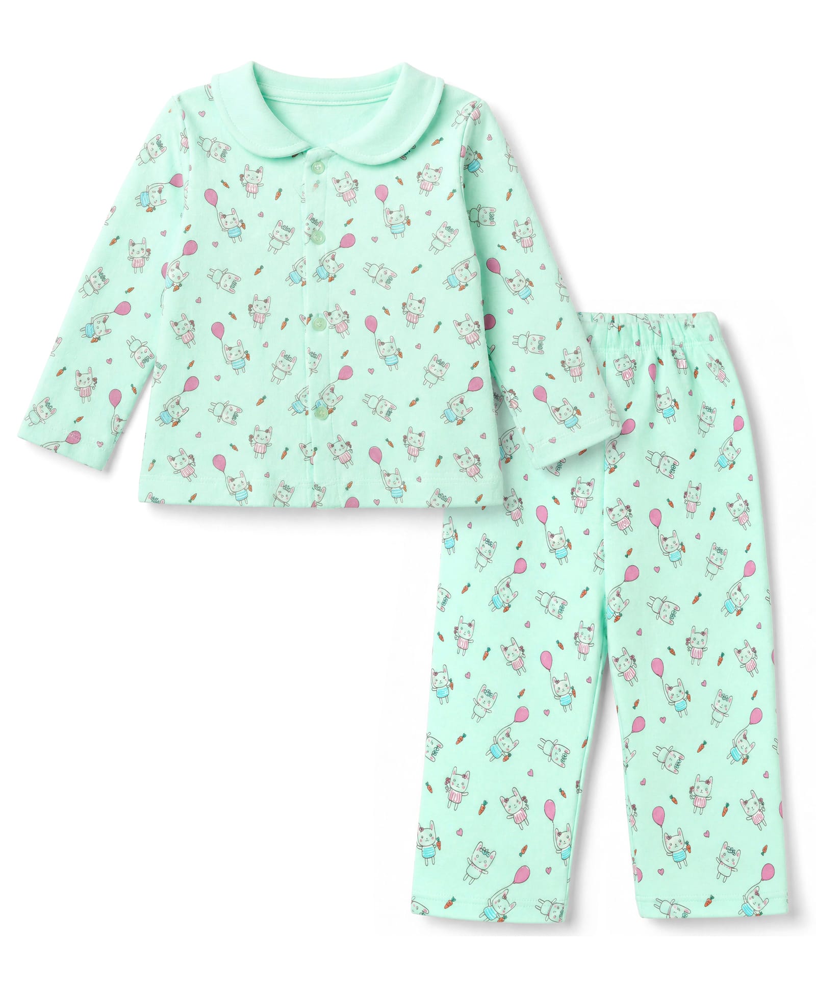 Tango Fleece Knit Full Sleeves Co-Ords Shirt & Pyjama Winter Wear Night Suit with Kitty & Heart Print - Sea Green-picture-13