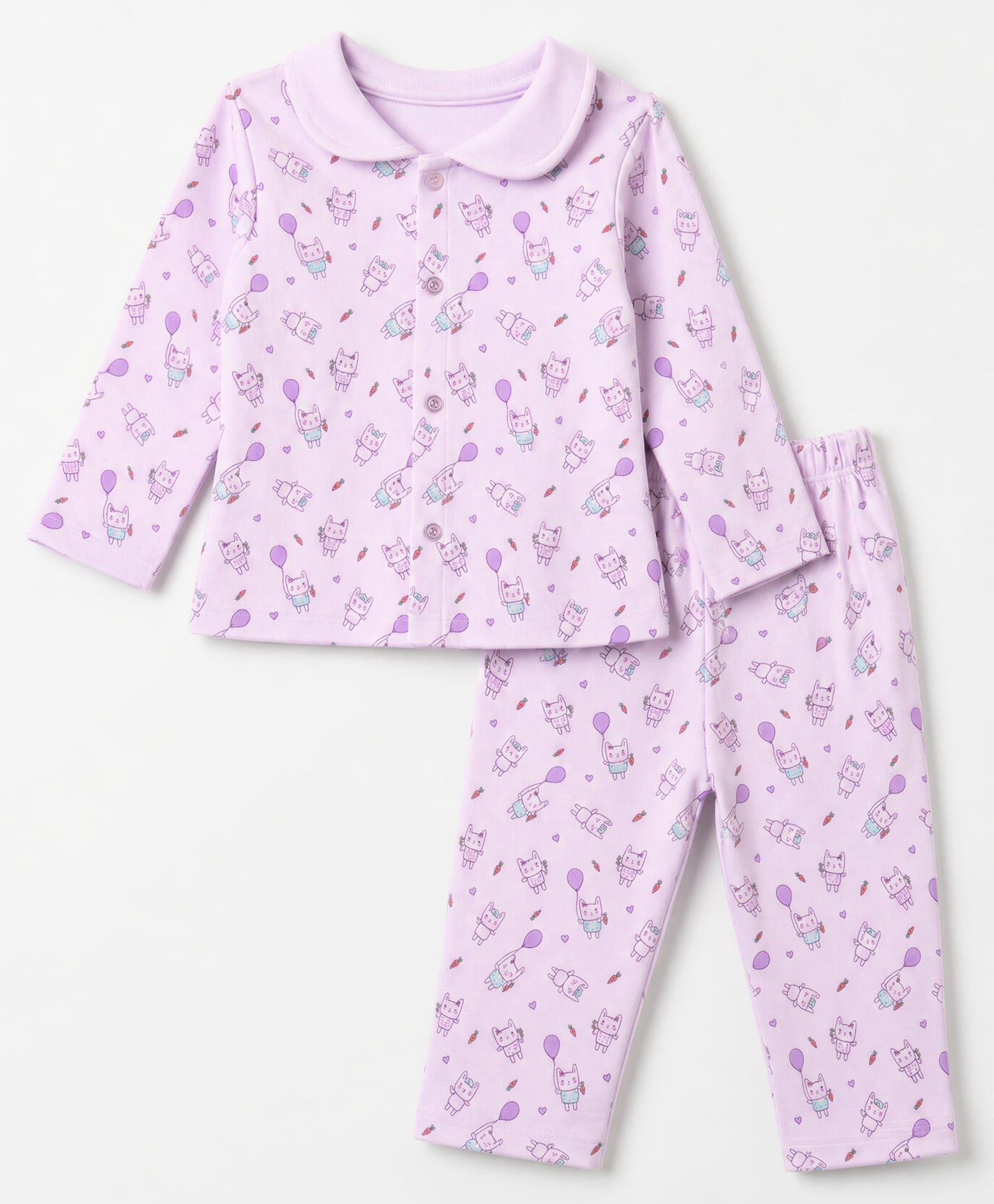 Tango Fleece Knit Full Sleeves Co-Ords Shirt & Pyjama Winter Wear Night Suit with Kitty & Heart Print - Purple-picture-36