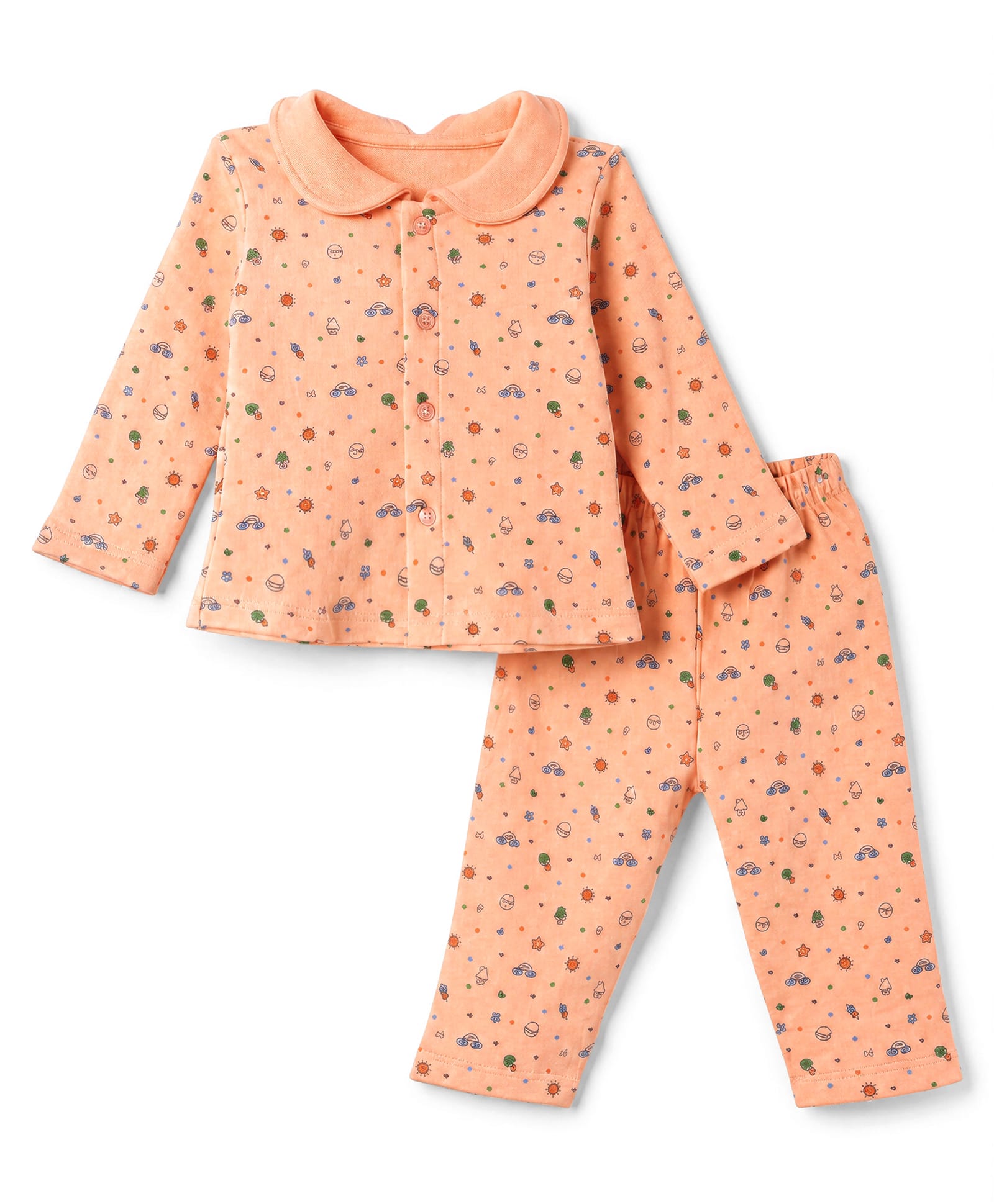 Tango Fleece Knit Full Sleeves Co-Ords T-Shirt & Pyjama Winter Wear Night Suit with Polka Dots Rainbow & Heart Print - Orange-picture-22
