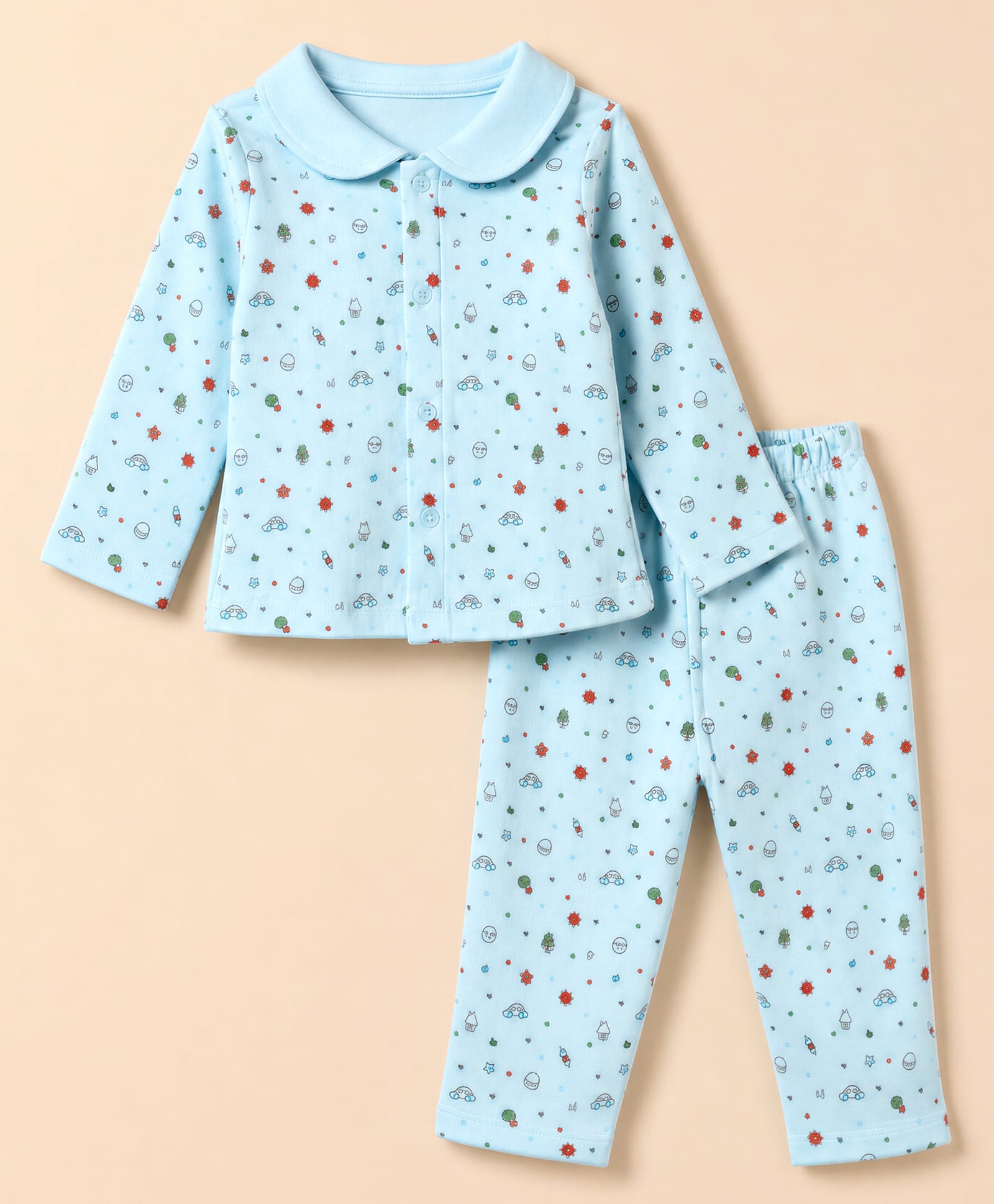 Tango Fleece Knit Full Sleeves Co-Ords T-Shirt & Pyjama Winter Wear Night Suit with Polka Dots Rainbow & Heart Print - Aqua Blue-picture-16
