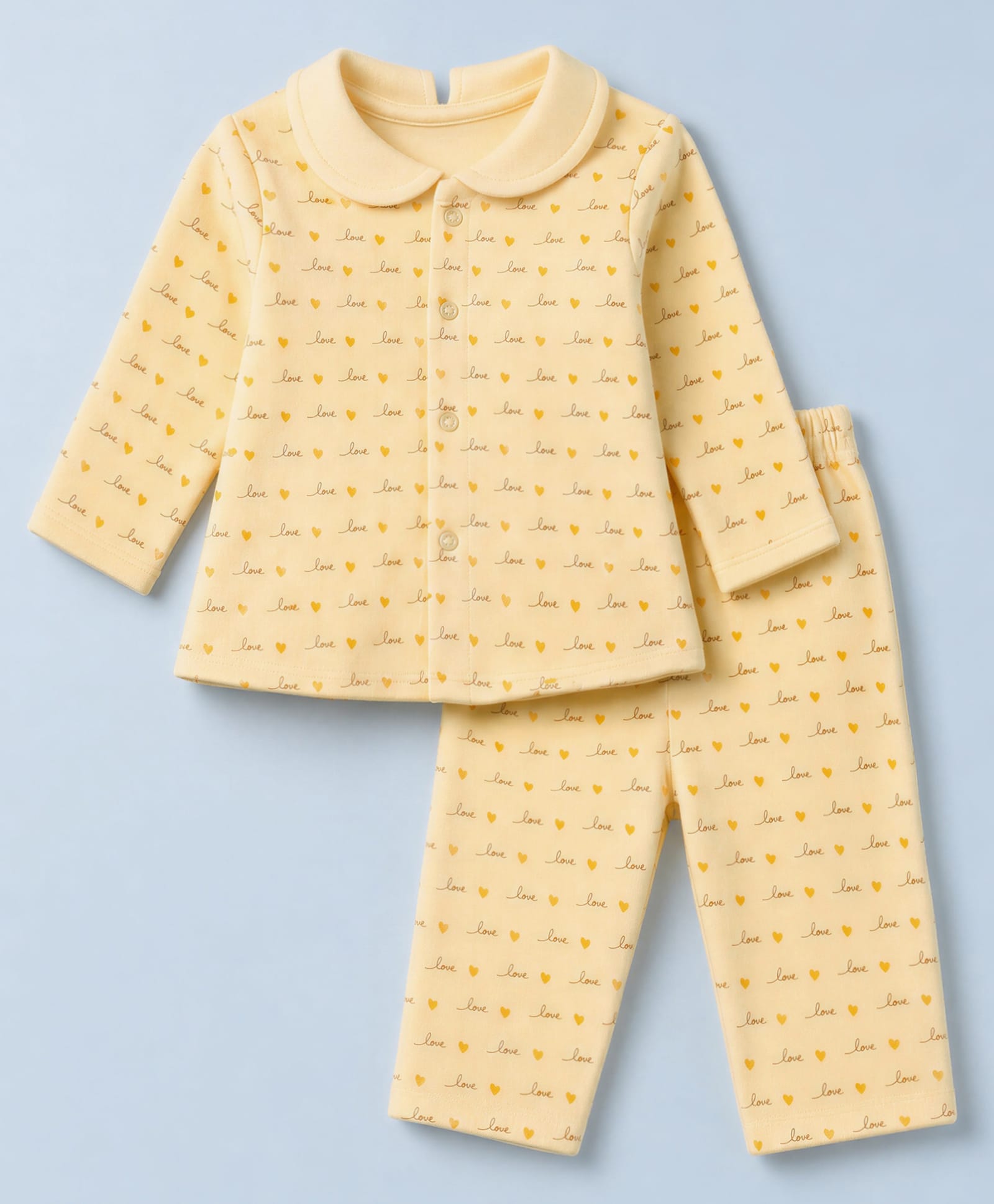 Tango Fleece Knit Full Sleeves Co-Ords Shirt & Pyjama Winter Wear Night Suit with Love & Heart Print - Cream-picture-38