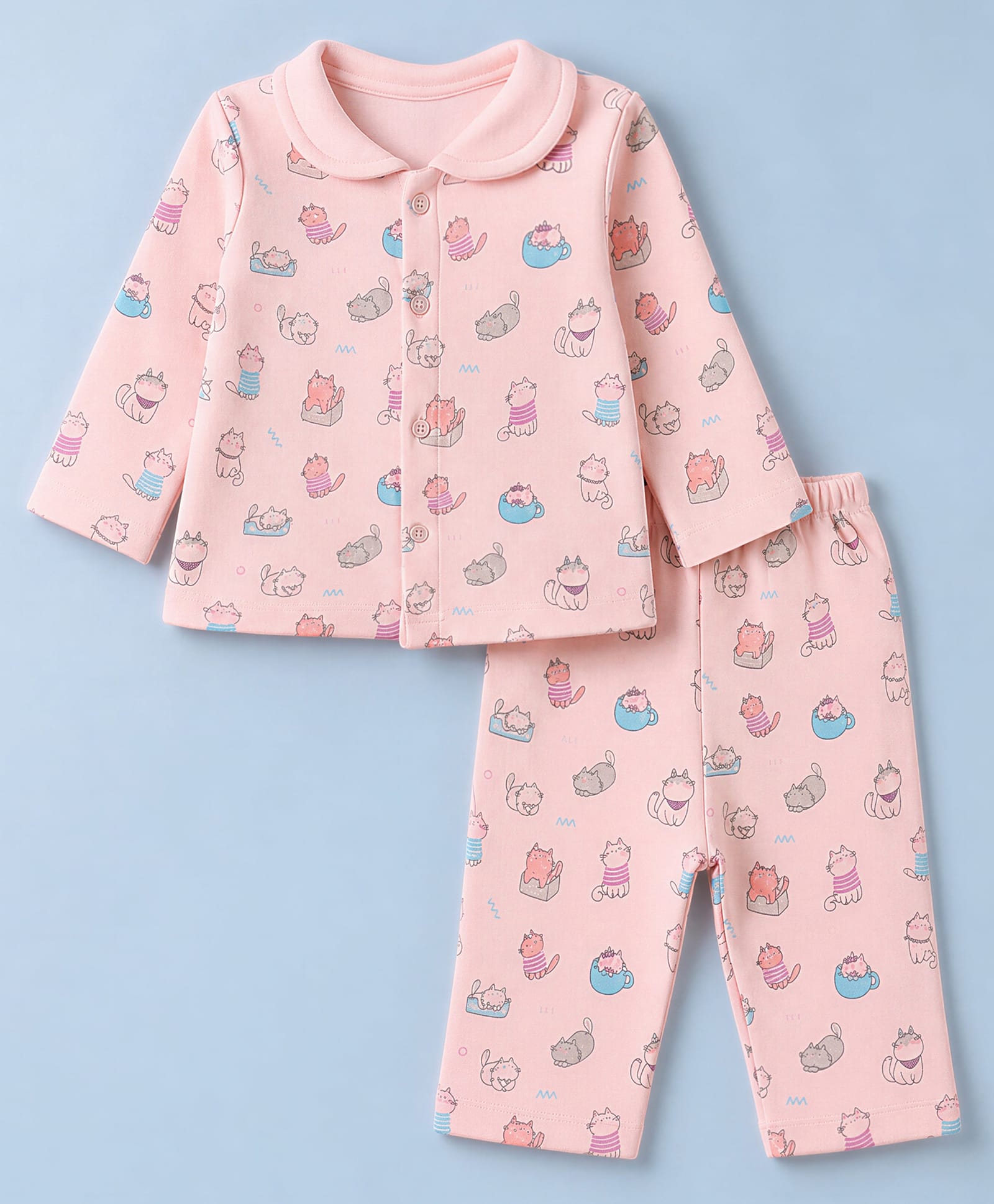 Tango Fleece Knit Full Sleeves Co-Ords Shirt & Pyjama Winter Wear Night Suit with Cat Print - Pink-picture-17